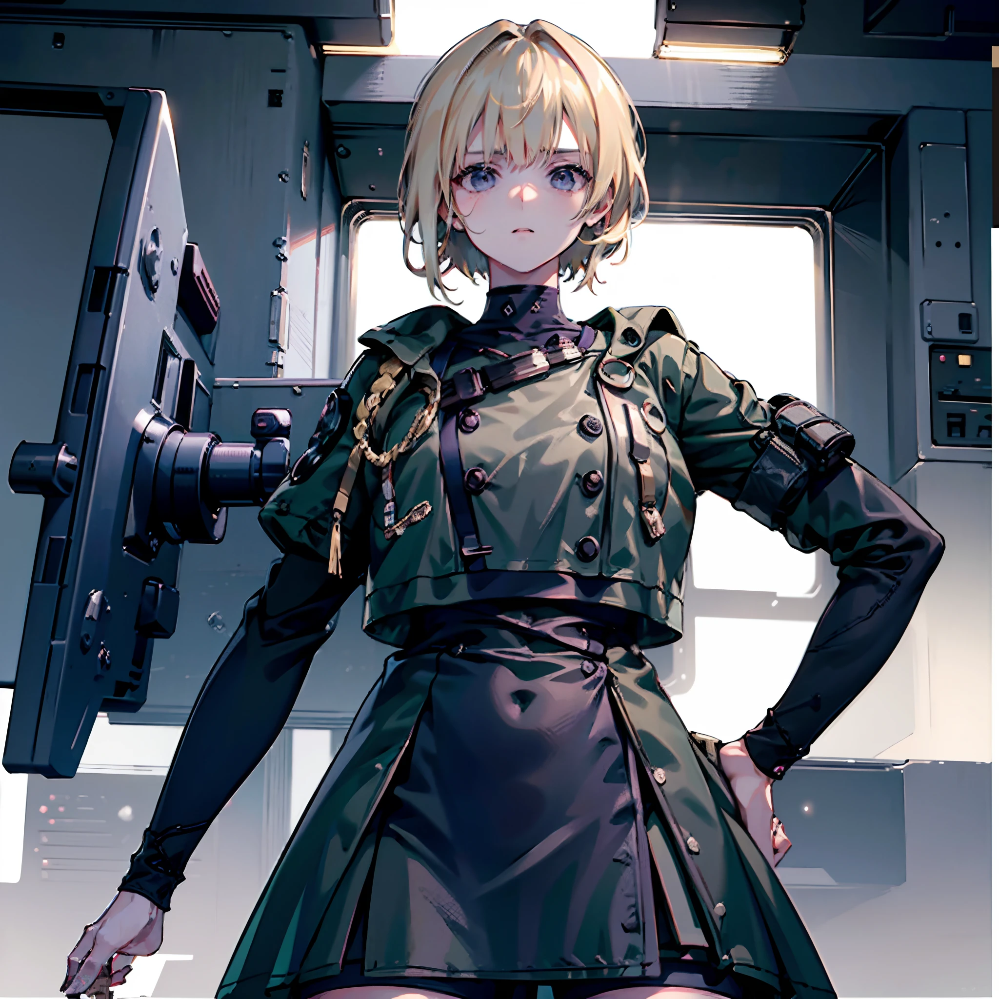 1older woman, tough, cool, tall, mature, dirty blonde hair, pitch black eyes, tomboy, wearing military uniform, space marine, isolated on completely pitch black background, high res, ultrasharp, 8K, masterpiece, looking at viewer, HDR, sharp focus, absurdres, bokeh, best quality,(illustration:1.2),(ultra-detailed),hyper details,(delicate detailed), (intricate details), (cinematic light,best quality Backlights), clear line, from below,perfect body