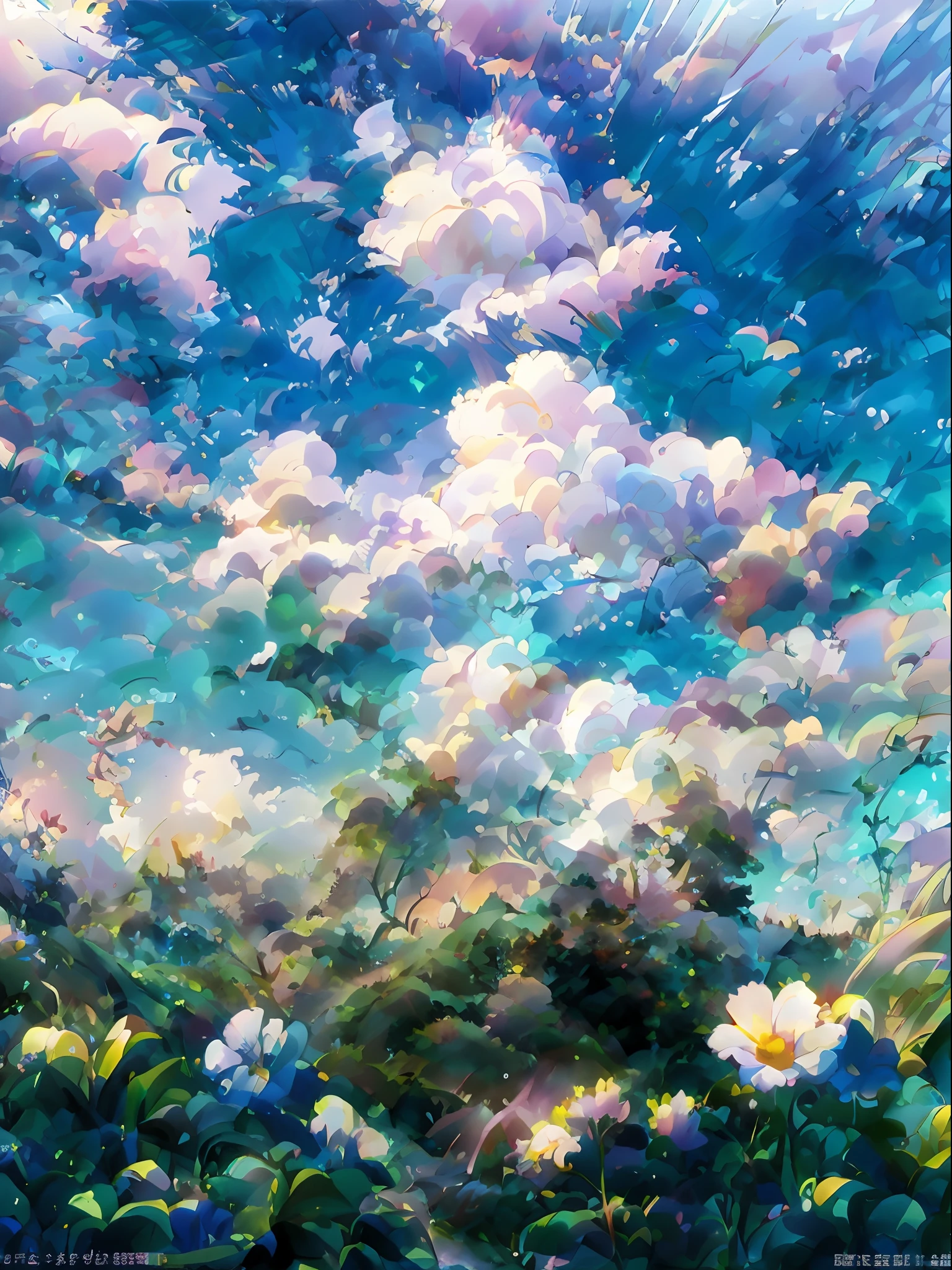 Summer Wallpapers、Grassy、Some flowers、Colorful clouds、Sunset sky、gradients、Vast sky、colourfull、HD Detail、Wet watermark、The ultra-detailliert、filmg、Hyper-Realism、Rim Lights、Deep focus bokeh、Ray traching、Hyper-Realism。