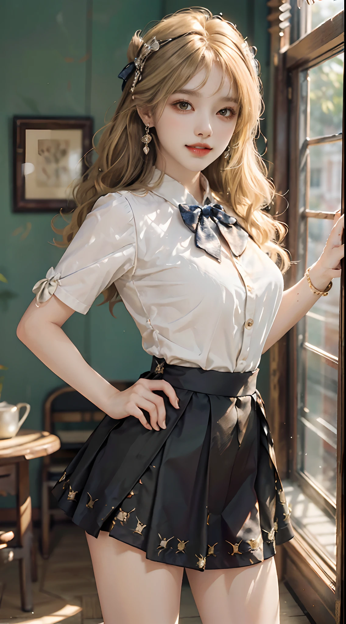 ((Parallel perspective)), ((Side shooting)), ((realistic)), ((Standing posture, Stand up, legs crossed)), inside a classroom, 1girll, looking toward the viewer, (grin, Leaking teeth), Asian model, curlies, Air bangs, Beautiful hair accessories, Brownish-yellow hair,((white business suit, neck bowtie, a black pleated skirt)), ((Campus style)), (warm lights, a warm color palette), Detailed details, ultra-detailliert, (tmasterpiece, best qualtiy), (An extremely delicate and beautiful work), Delicate earrings, Simple blurred background, Extreme detail description, Ultra-fine painting, Delicate face, slim toned body