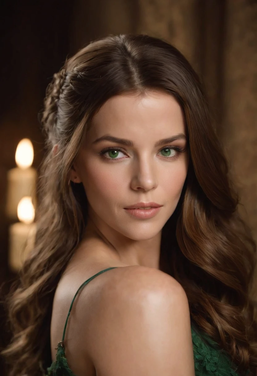 Kate Beckinsale, fair complexion, woman around 19 years old, natural white hair, distinctive green eyes, wearing kohl, slender and graceful, beautiful, candlelight in a medieval setting, ultra sharp focus, realistic shot, medieval female clothes, tetradic colors (scar:1.4)