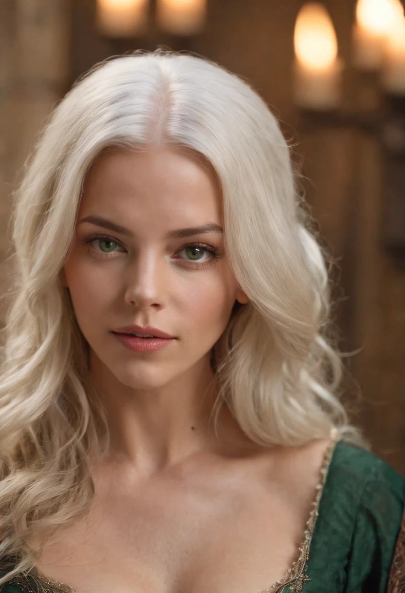 Kate Beckinsale, fair complexion, woman around 19 years old, natural white hair, distinctive green eyes, wearing kohl, slender and graceful, beautiful, candlelight in a medieval setting, ultra sharp focus, realistic shot, medieval female clothes, tetradic colors (scar:1.4)