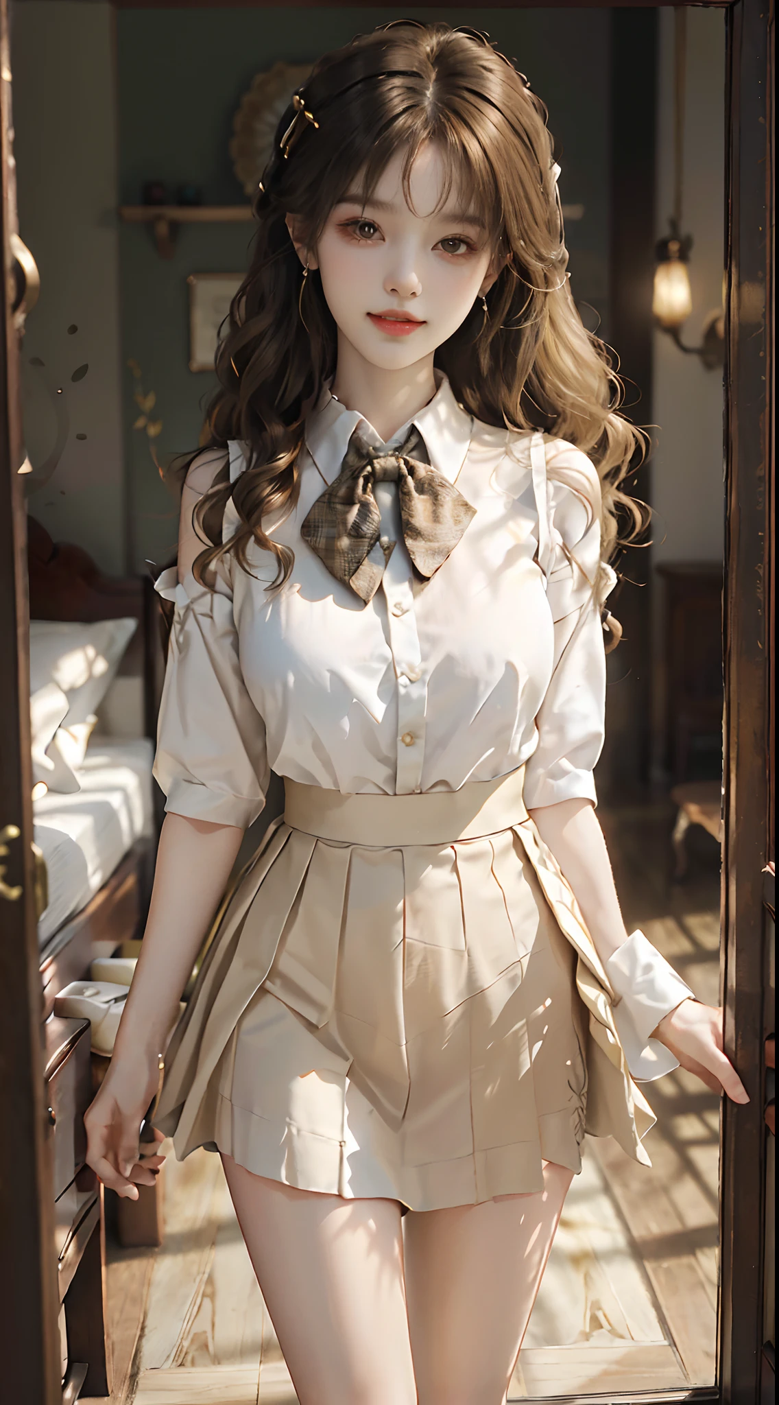 ((full body)), ((from below)), ((realistic)), 1girll, posed for photo, inside in room, Stand up, pretty legs, The upper body leans forward slightly, with hands behind her back, looking at viewert, Detailed scenes, curlies, Air bangs, Beautiful hair accessories, Brownish-yellow hair, ((White color blouse, neck bowtie, Short black skirt)), (Campus style), warm lights, a warm color palette, Detailed details, ultra-detailliert, (tmasterpiece, best qualtiy), (An extremely delicate and beautiful work), Delicate earrings, Delicate necklace, Simple blurred background, Extreme detail description, Ultra-fine painting, Delicate face, slim toned body, (ssmile, Baring teeth), (anatomy correct)