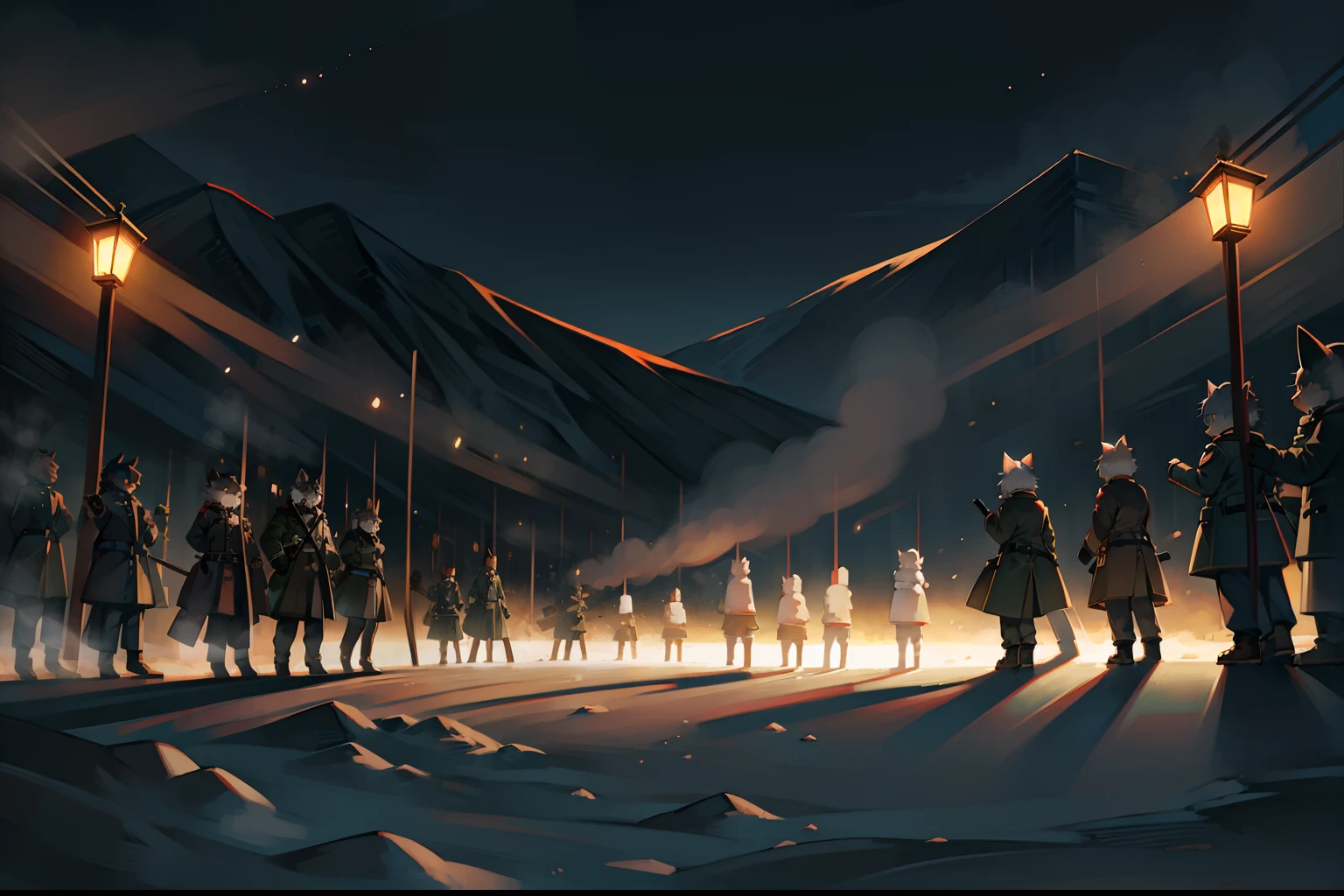 several kemono style cats, wear military uniform with overcoat, stand in line firing muskets that make a lot of smoke, in snow, daytime, military training, firing muskets, 4k, masterpiece, beautiful lighting, wide composition
