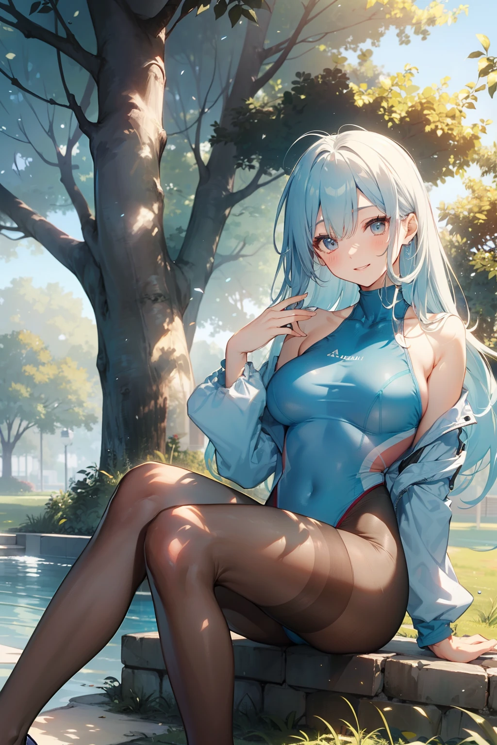 top-quality、Full limbs、complete fingers、Slender beauty、straight haired、Long、Light blue hair、(Light Blue High Neck Long Sleeve Competitive Swimsuit:1.3)、(Brown pantyhose:1.3)、Light blue high heels、Beautiful Large Breasts、lawn、The tree々Surrounded by、sitting on、A big smile、blushing