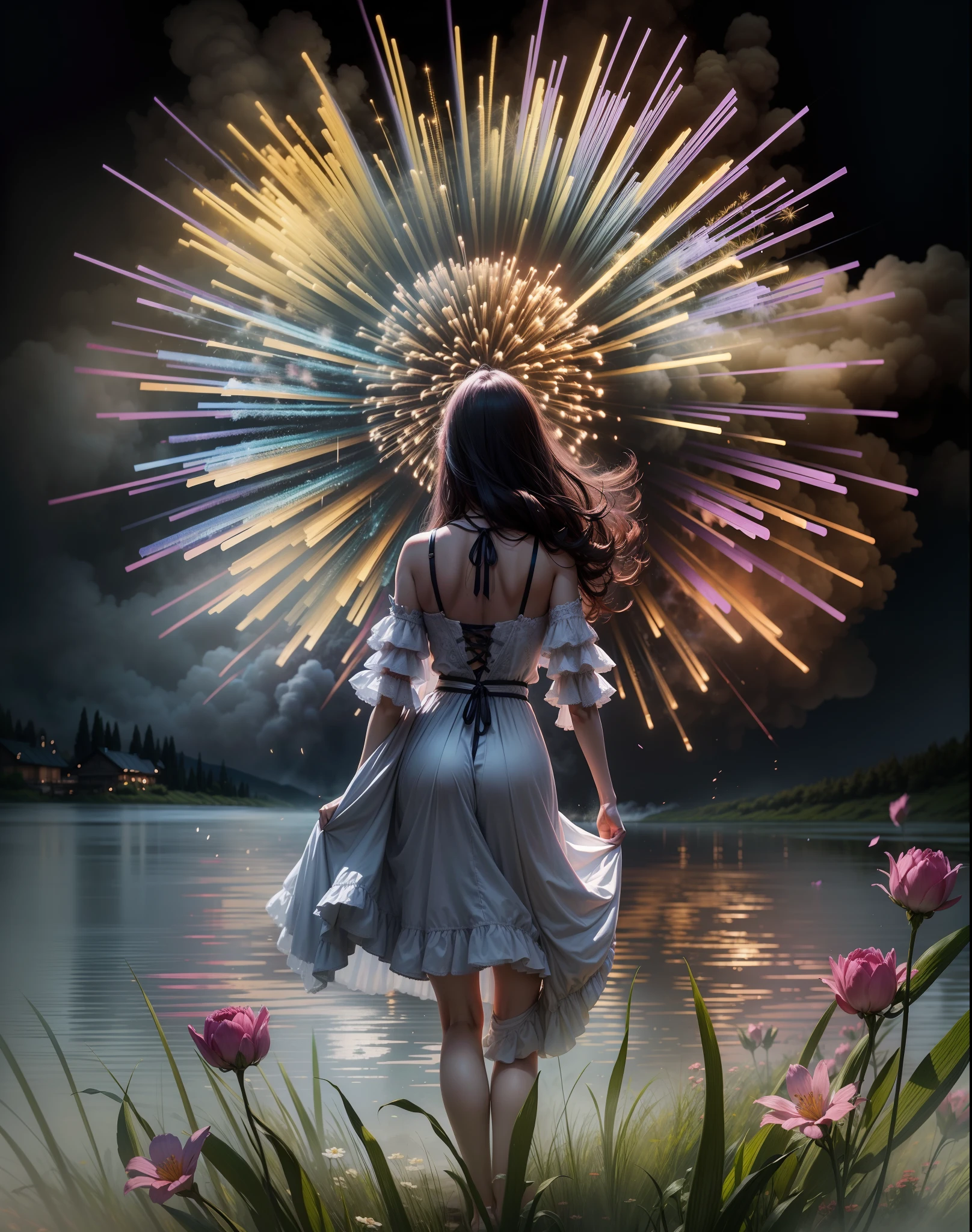 tmasterpiece,The back of a girl,Stand among the flowers,Huge smoke bloomed in the sky,㶷 Rotten,There are fireworks reflections in the lake,Soft lighting,8K,