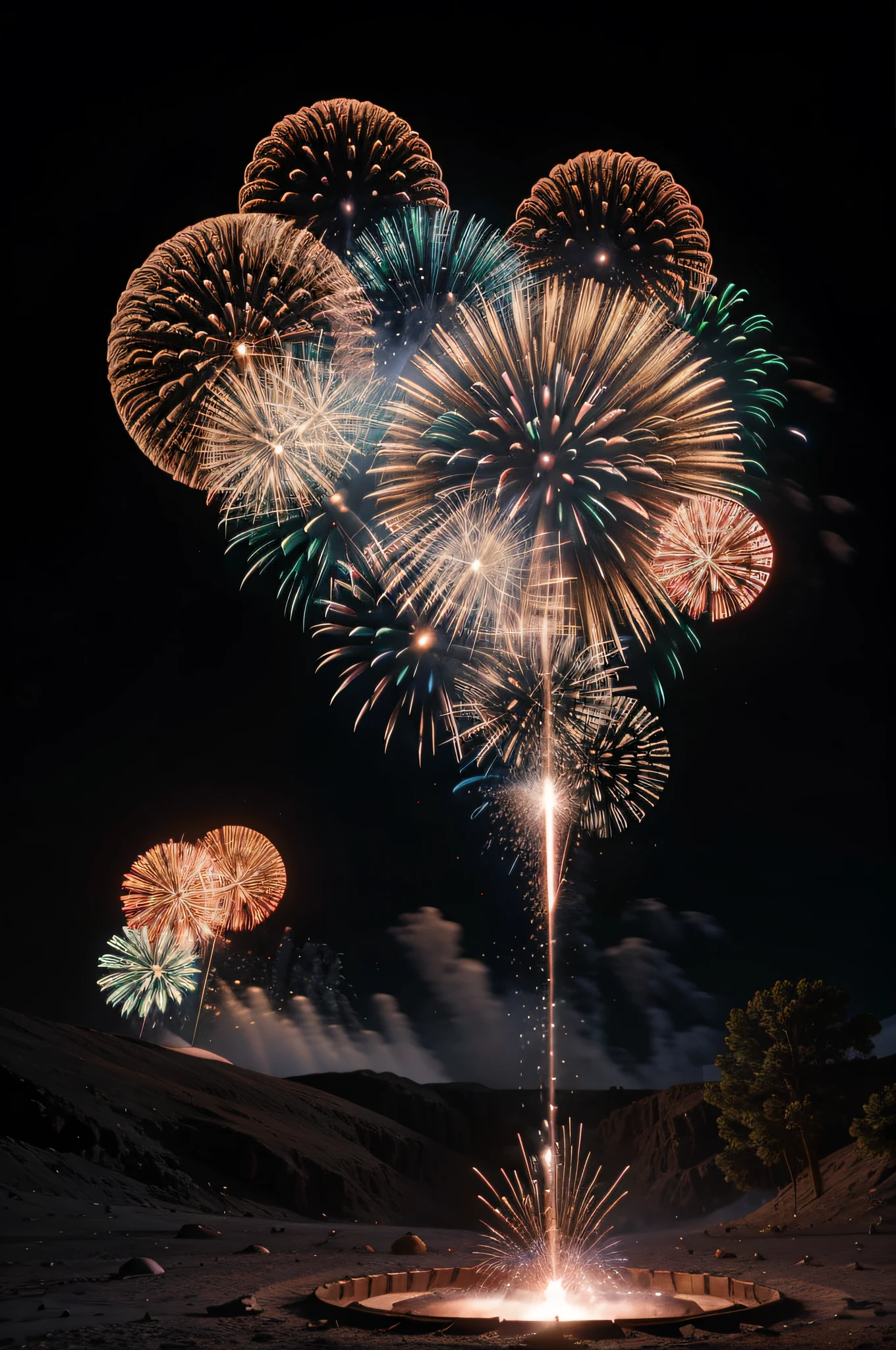 Hyper realistic Lunar Symphony: Imagine capturing a hyper-realistic composition of multiple fireworks exploding simultaneously on the moon. Freeze the moment, showcasing the intricate patterns and formations created by the fireworks against the lunar expanse. 64k