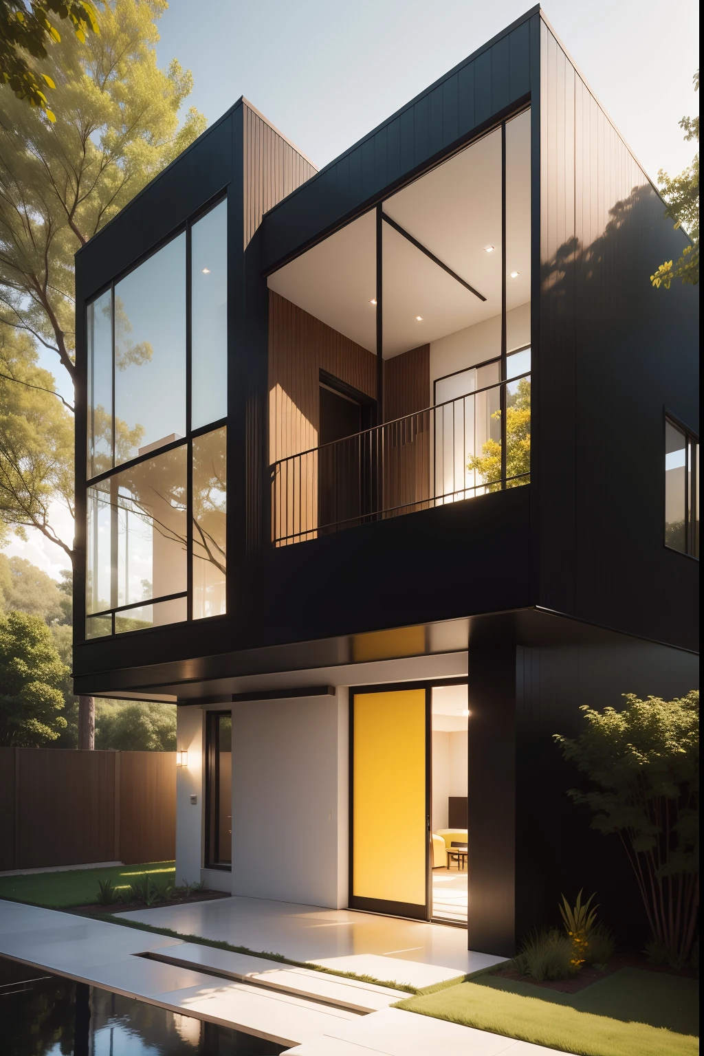 2-story house made of glass and steel with sophisticated and luxurious design, surrounded by green trees, warm yellow sky light, large yard, and a red supercar parked in the yard.