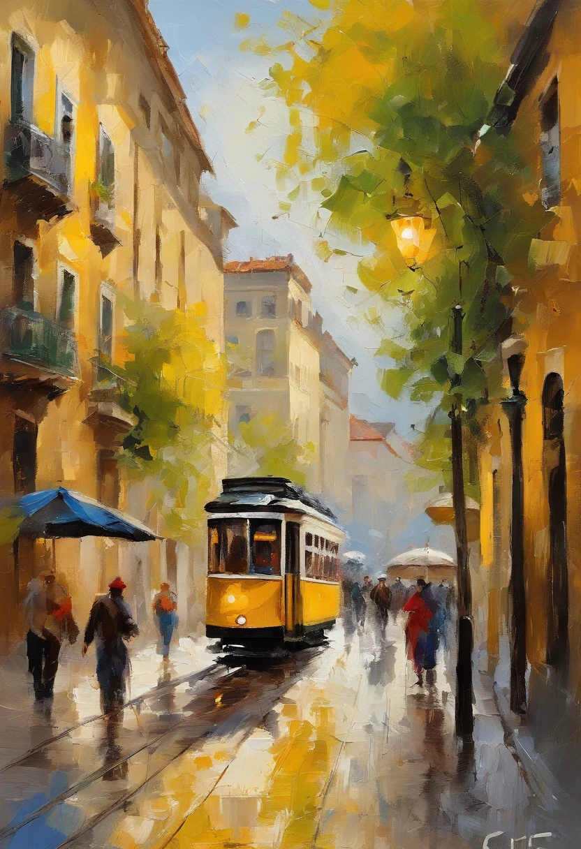 ​masterpiece、top-quality、morning、stroll。pup、exquisite and detailed drawings, yellow tram in Lisbon city, sunny, rich, classy, opulent, Lisbon street, with light glowing、Happiness、Fresh morning sunshine、stroll、landscapes