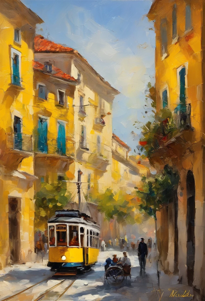 masterpiece、top-quality、morning、stroll。pup、exquisite and detailed drawings, yellow tram in Lisbon city, sunny, rich, classy, opulent, Lisbon street, with light glowing、Happiness、Fresh morning sunshine、stroll、landscapes