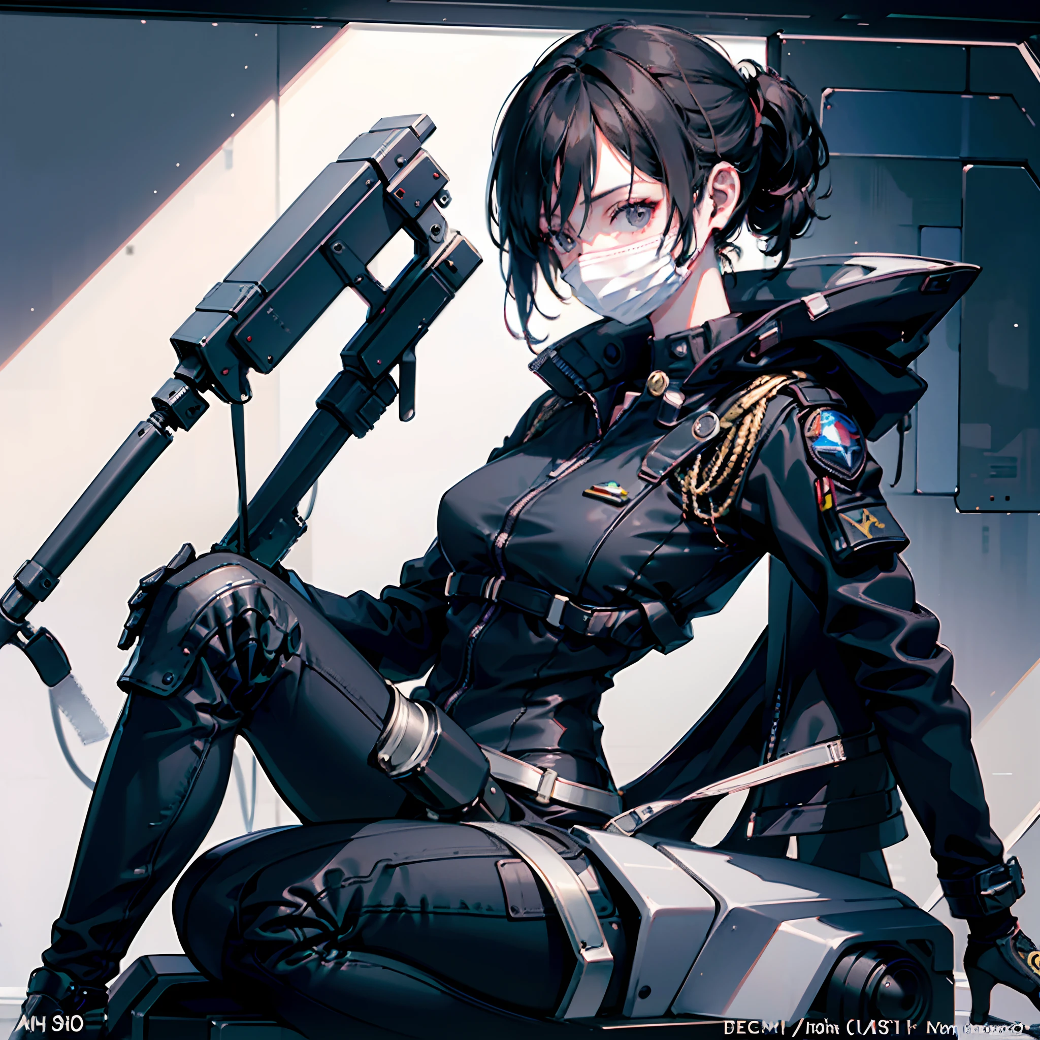 1woman, cool, tall, mature, black hair, pitch black eyes, tomboy, sci fi mask partially covering face, wearing military uniform, space marine, isolated on completely pitch black background, high res, ultrasharp, 8K, masterpiece, looking at viewer, HDR, sharp focus, absurdres, bokeh, best quality,(illustration:1.2),(ultra-detailed),hyper details,(delicate detailed), (intricate details), (cinematic light,best quality Backlights), clear line, from below,perfect body