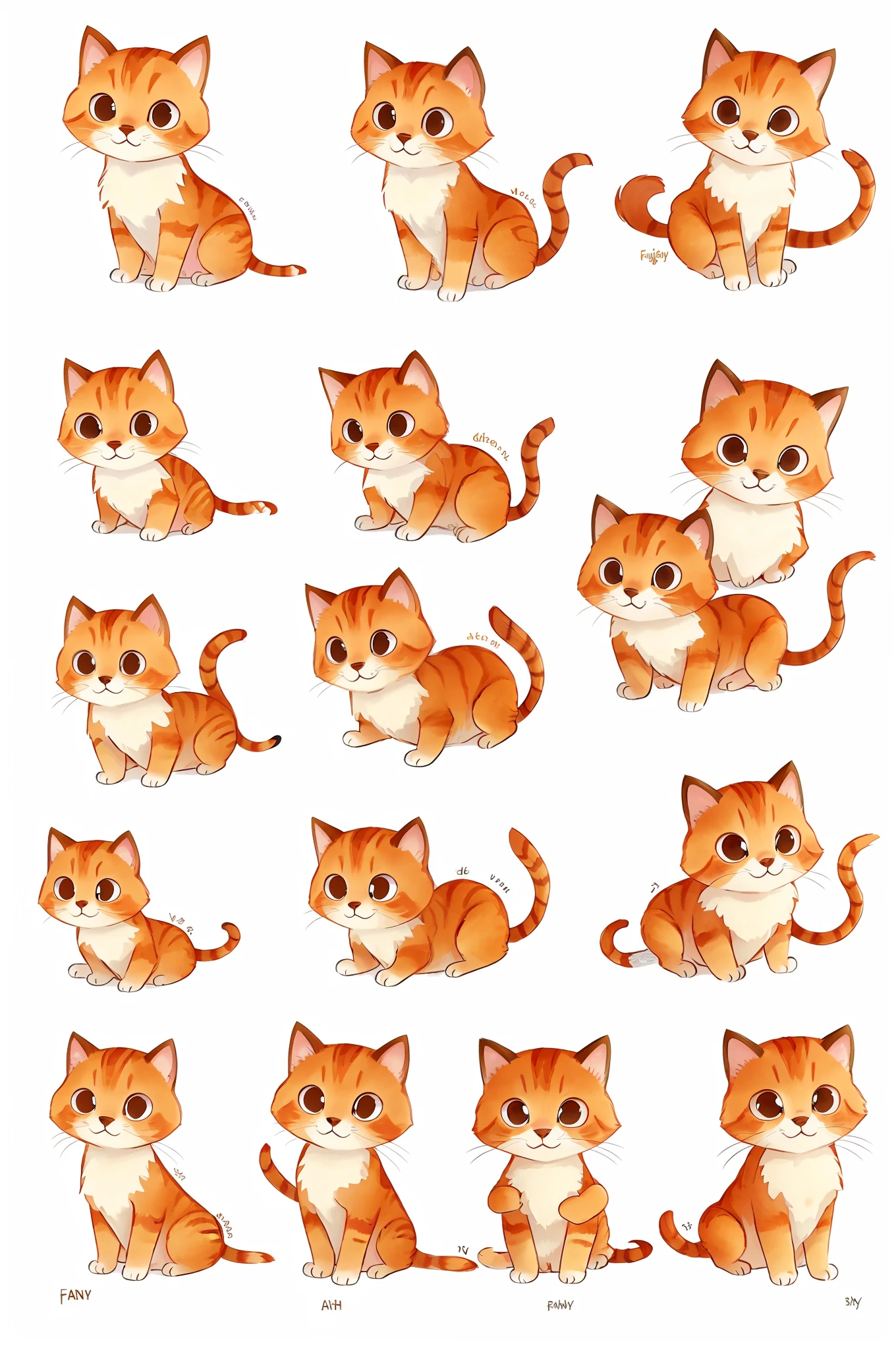 Cute ginger cat in different poses, Character Sheet, (Fantasy Character Sheet, front, Left, Right, backboob), multiple poss and expressions, watercolour, children book illustration