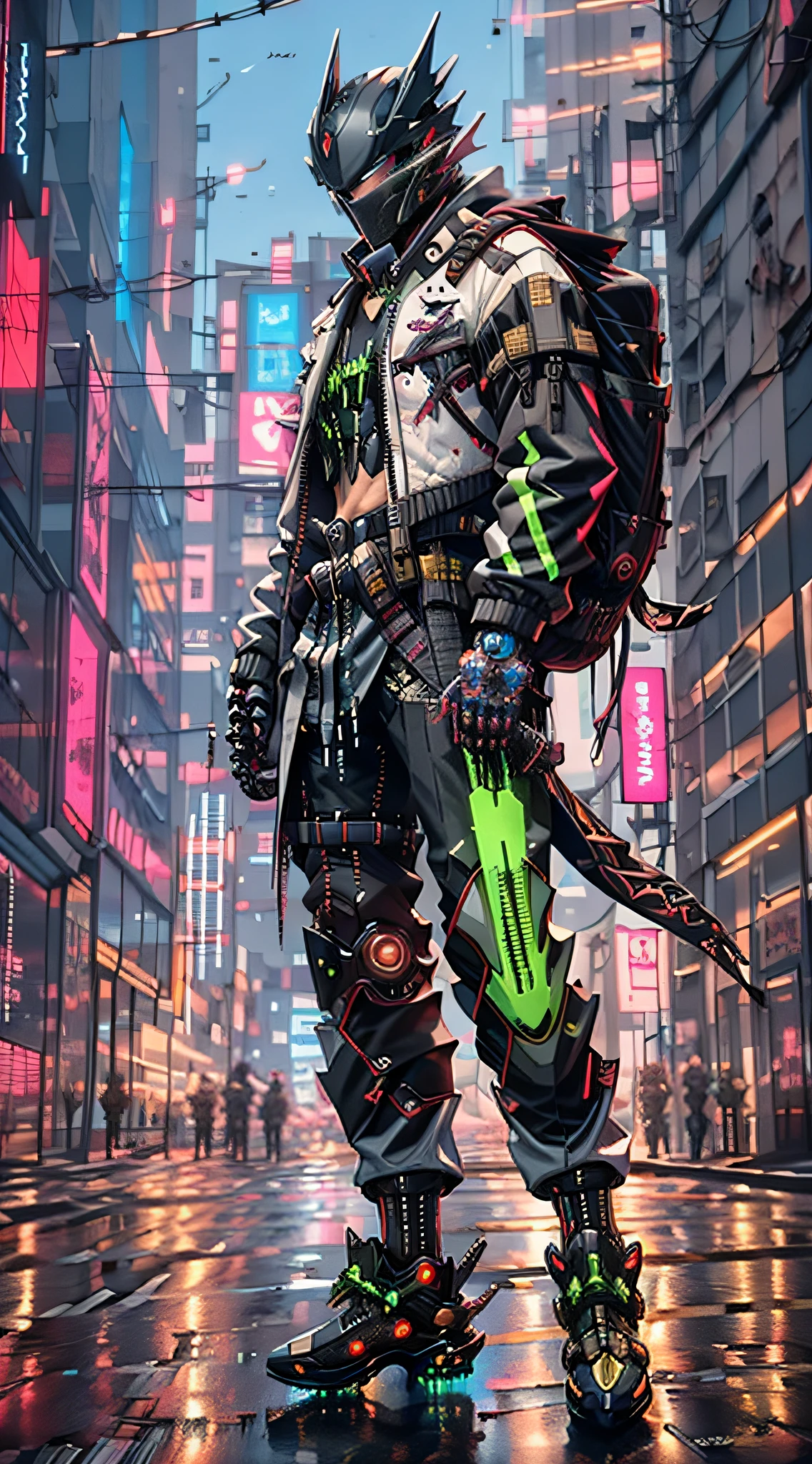 there is a man in a black and green outfit with a backpack, cyberpunk streetwear, cyberpunk suit, cyberpunk street goon, cyberpunk wearing, cyberpunk techwear, muted cyberpunk style, has cyberpunk style, style of cyberpunk, wearing cyberpunk streetwear, cyberpunk soldier, hyper-realistic cyberpunk style, cyberpunk character design, all black cyberpunk clothes, crow in cyber armour, cyberpunk clothes