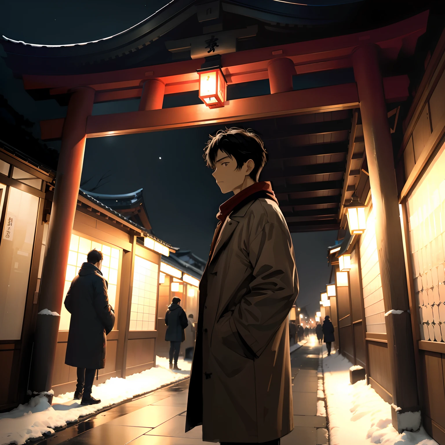 There is a man standing in the hallway with a red lantern, By Shinkai Makoto. a digital rendering, By Shinkai Makoto. - H 2160, ( ( By Shinkai Makoto ) ), in the style of makoto shinkai, By Shinkai Makoto. Octane Render, Shinkai Makoto style, style of makoto shinkai, Tokyo Anime Scene