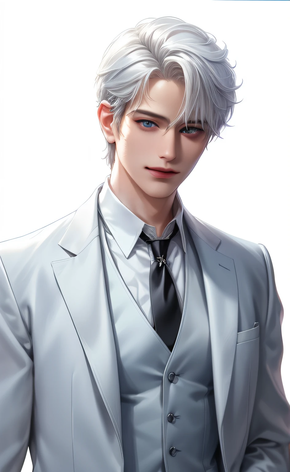 (masterpiece,best quality,ultra_detailed,highres,absurdres),1boy, male focus, tattoo, solo, white hair, chain, shirt, white necktie, necktie, simple background, blue eyes, upper body, vest, short hair, looking at viewer, smile face, parted lips, collared shirt, round eyewear, long sleeves, hand on own shoulder, black shirt, white background, white vest, monocle, jewelry (looking  away:1.2)