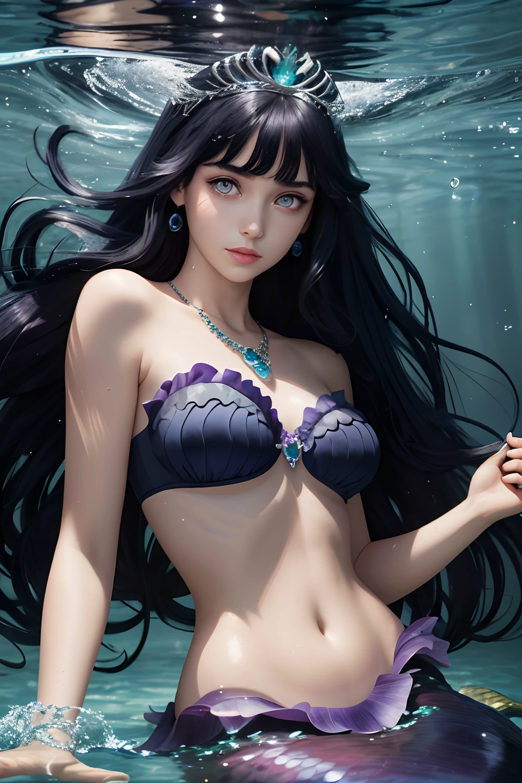 Best quality, masterpiece, super high resolution (fidelity: 1.2), 1 girl, long curly dark blue hair, black eyes, delicate face, beautiful eyes, (mermaid: 1.3), tiara necklace, in water, background blur, Blunt Bangs, purple eyes