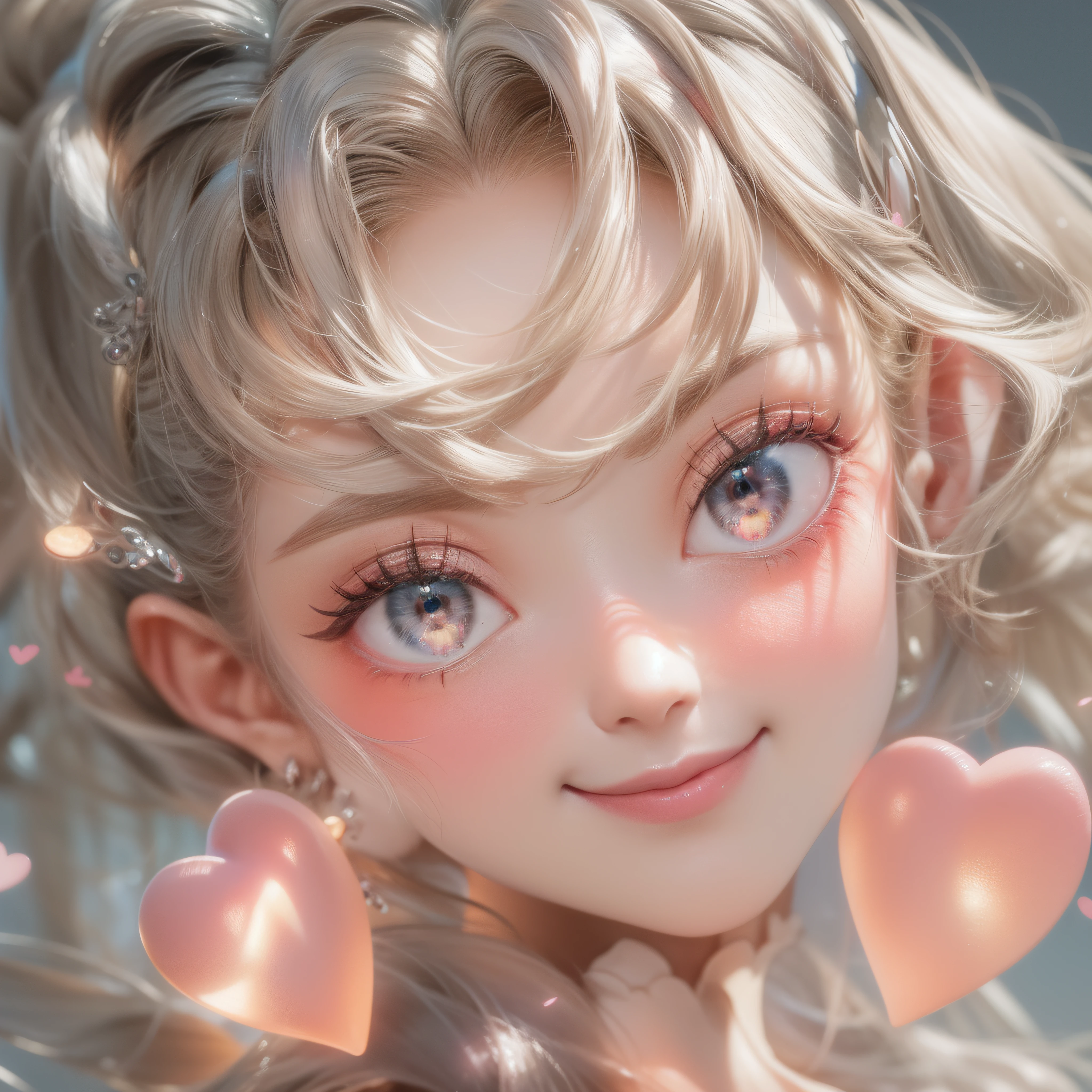 Close up of smiling face、Close up of smiling face、Designer、super model、(realisitic、hight resolution)、(1 girl in)、Do-Up Eye、Korean Girl、(Best Quality), (masutepiece), (1girl in), Solo, a beauty girl, Perfect face, dreamlikeart、Highly detailed airbrush art((Surreal))、Volumetric lighting、(top-quality)、The ultra-detailliert、Highly detailed colorful details、(Bright lighting)、dynamic compositions、Ray traching、The mirror reflects light、Shallow depth of field、ultra-detailliert、mixing  exposure、nffsw、Her eyes are dark green and glow heart-shaped、The eyes are pink-heart-shaped。Pink glowing three-dimensional heart on background、Pink glowing three-dimensional heart on background、Pink glowing three-dimensional heart on background、