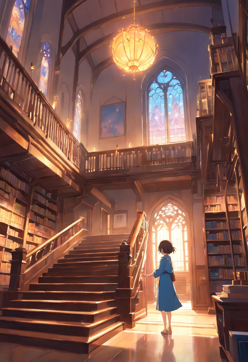 （tmasterpiece）， （best qualtiy），Outstanding，Background of the internal library of the European-style building, gothic library, Castle Library, MAGIC LIBRARY, in opulent library, There are European-style lamps on both sides，There are hand-held stairs on the left and right，There is a desk in front of you.，There was an open magic book on the desk