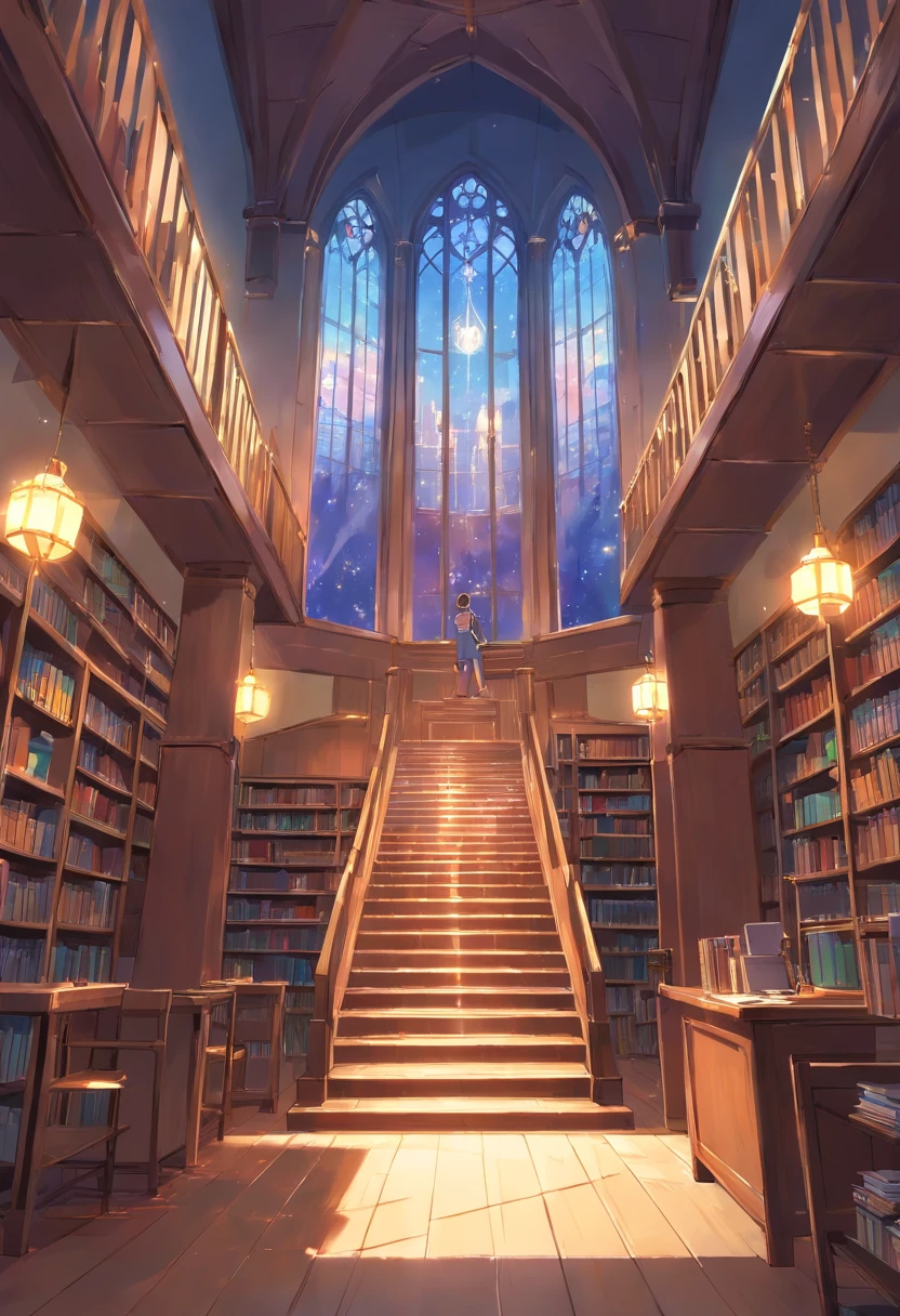 (tmasterpiece), (best qualtiy),Outstanding,Background of the internal library of the European-style building, gothic library, Castle Library, MAGIC LIBRARY, in opulent library, There are European-style lamps on both sides,There are hand-held stairs on the left and right,There is a desk in front of you.,There was an open magic book on the desk
