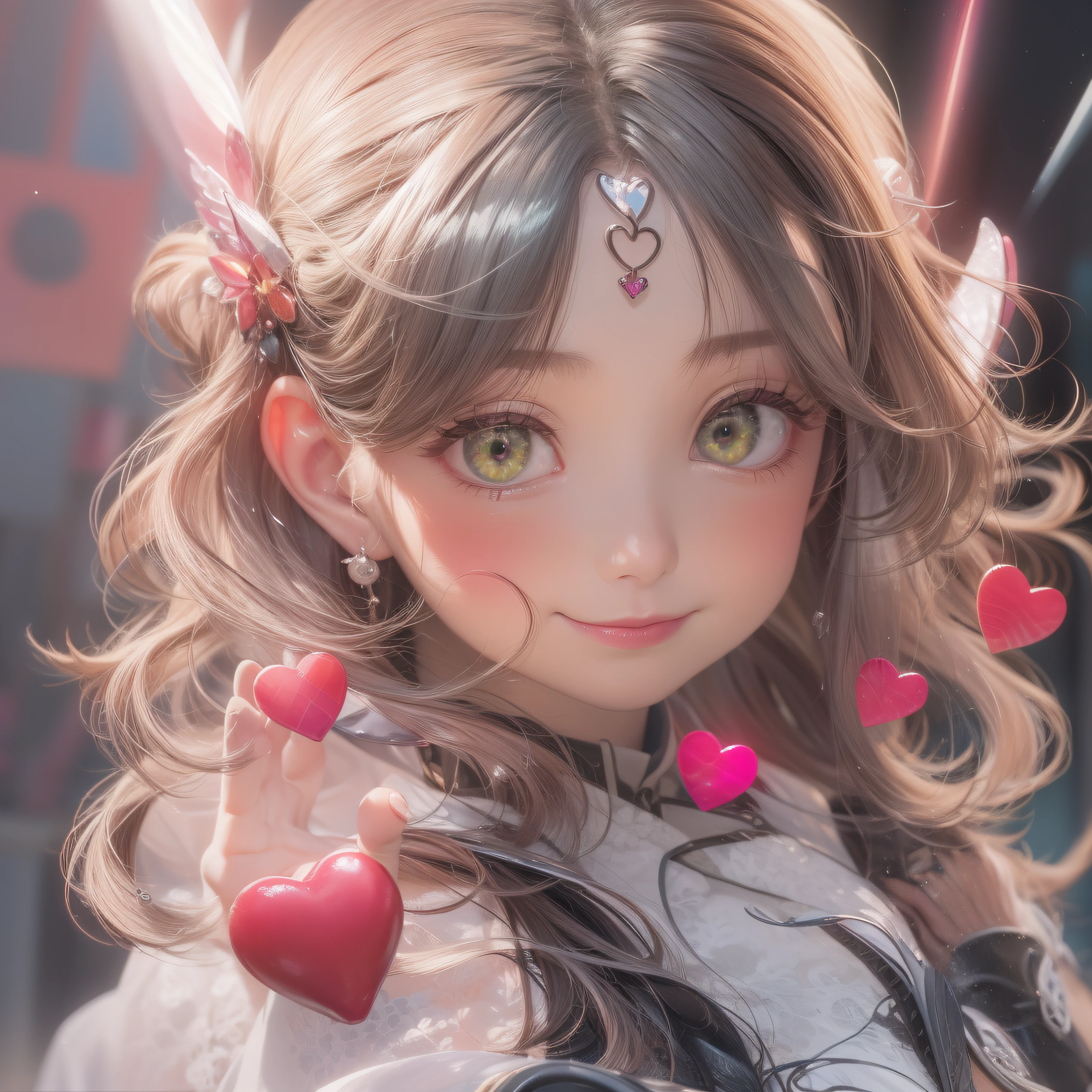 Close up of smiling face、Close up of smiling face、Designer、super model、makeup、Glossy lips、Shining eyes、(realisitic、hight resolution)、(1 girl in)、Do-Up Eye、Korean Girl、(Best Quality), (masutepiece), (1girl in), Solo, a beauty girl, Perfect face, dreamlikeart、Highly detailed airbrush art((Surreal))、Volumetric lighting、(top-quality)、The ultra-detailliert、Highly detailed colorful details、(Bright lighting)、dynamic compositions、Ray traching、The mirror reflects light、Shallow depth of field、ultra-detailliert、mixing exposure、nffsw、Her eyes shine with dark green、Pink glowing three-dimensional heart on background、Pink glowing three-dimensional heart on background、Pink glowing three-dimensional heart on background、