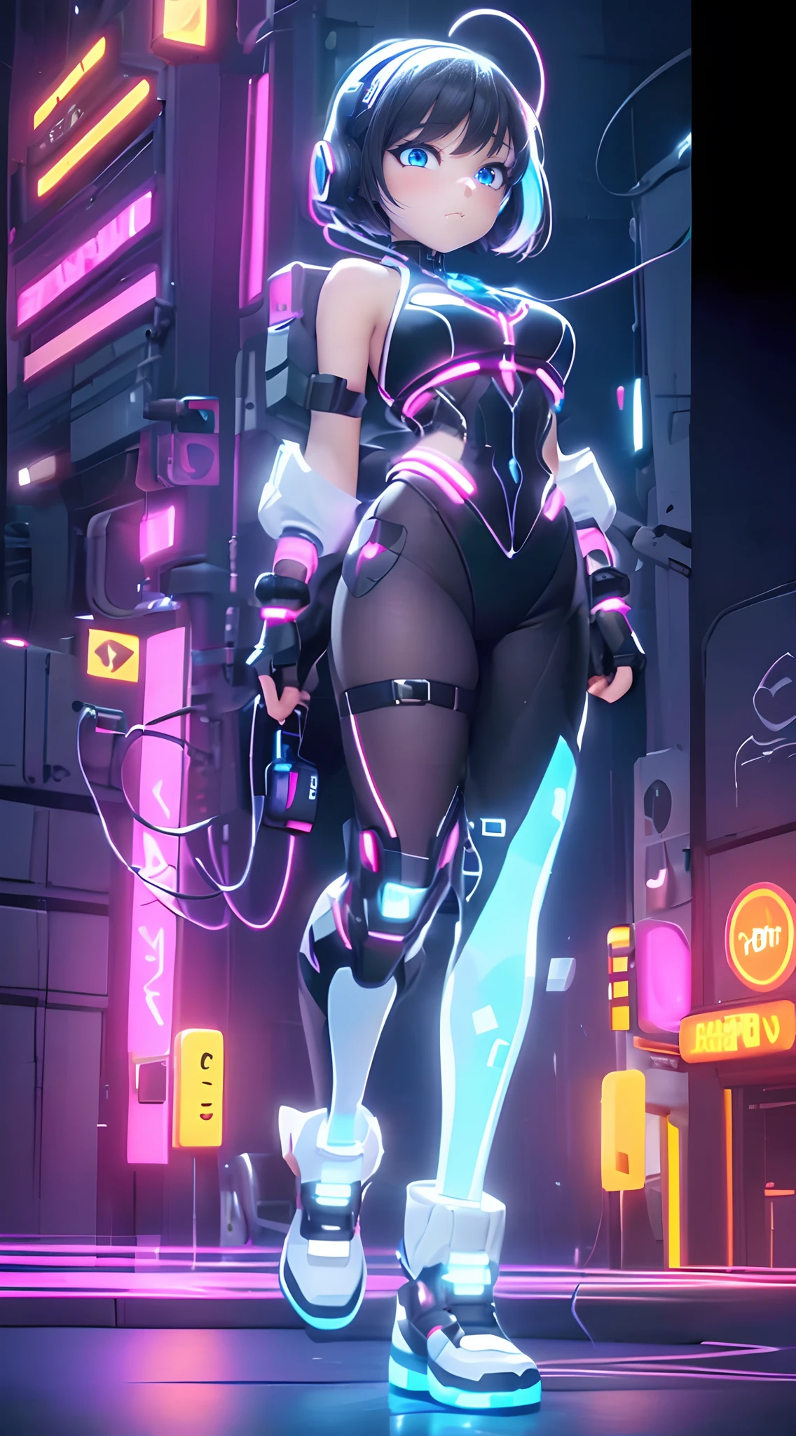 (Dynamic Angle:1.4), ((Full body posing:1.5), (Colorful:1.2), (Highly detailed CG Unity 16K wallpaper:1.1), (Denoising strength: 1.45), (tmasterpiece:1.37), ((Official art)), of the highest quality, (Realistic), Cyber Girl, 2 head body,Deformed Character,cute expression, (Short-cut hair:1.2),(Black Cyberware:1.5),Black hair,Glowing eyes,(blue eyess:1.2),wires, (LED:1.3), (a hologram:1.2), futuristic city street, Neon light, Skyscrapers, (Night:1.2), (Rainbow Model:1.2), 8K resolution, (Anime style:1.3), Cinematic lighting, chromatic abberation, spark of light, Ray tracing, blending, ultra wide-angle, Hasselblad, (masutepiece), (masutepiece), ((Best Quality)), ((masutepiece)), nffsw