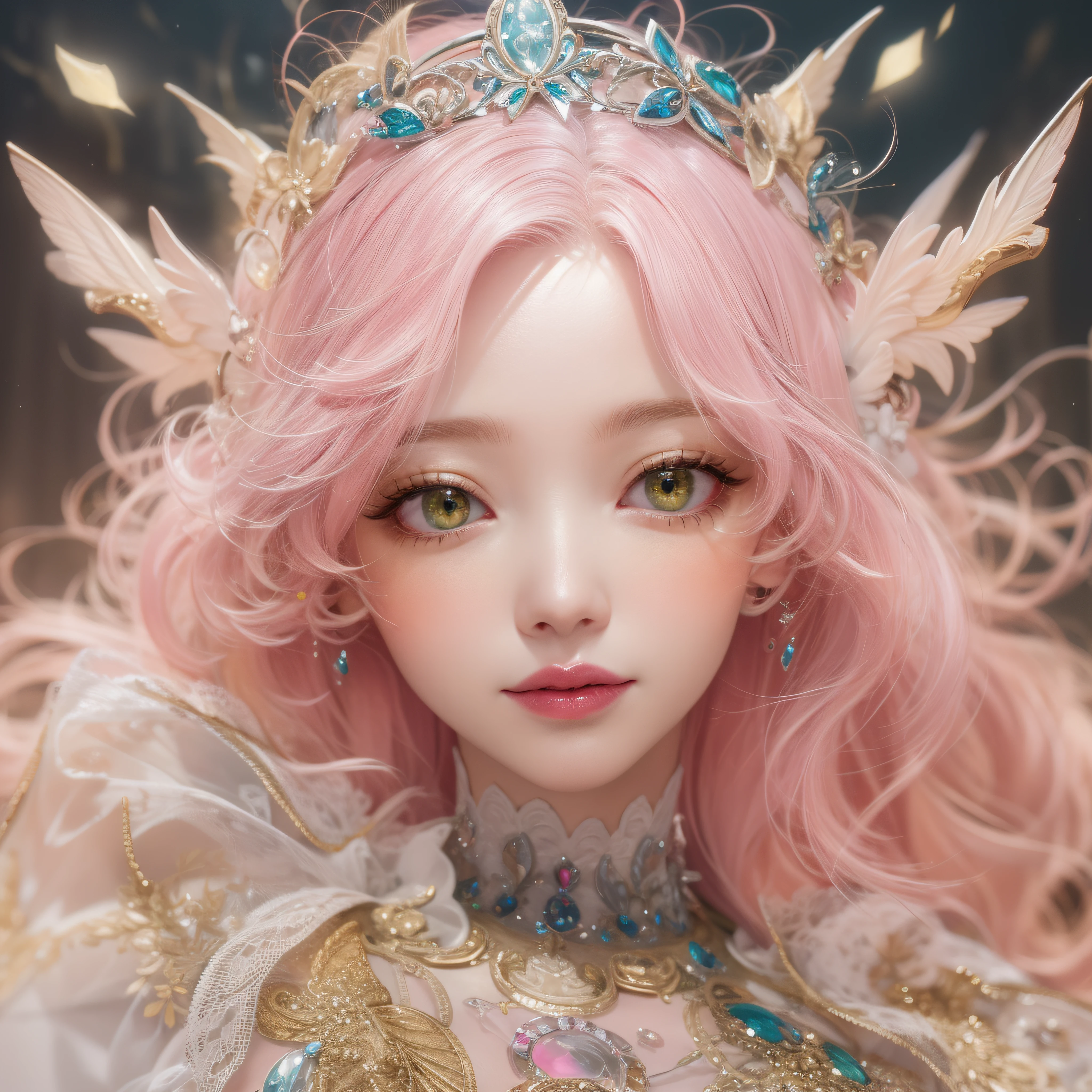 close-up of the smile face、close-up of the smile face、Designer、super model、makeup、Glossy lips、Shining eyes、A pink-haired、(realisitic、hight resolution)、(1 girl in)、Do-Up Eye、Korean Girl、(Best Quality), (masutepiece), (1girl in), Solo, a beauty girl, Perfect face, dreamlikeart、Highly detailed airbrush art((Surreal))、Volumetric lighting、(top-quality)、The ultra-detailliert、Highly detailed colorful details、(Bright lighting)、dynamic compositions、Ray traching、The mirror reflects light、Shallow depth of field、ultra-detailliert、mixing exposure、nffsw、Her eyes shine with dark green、Pink glowing three-dimensional heart、Pink glowing three-dimensional heart、