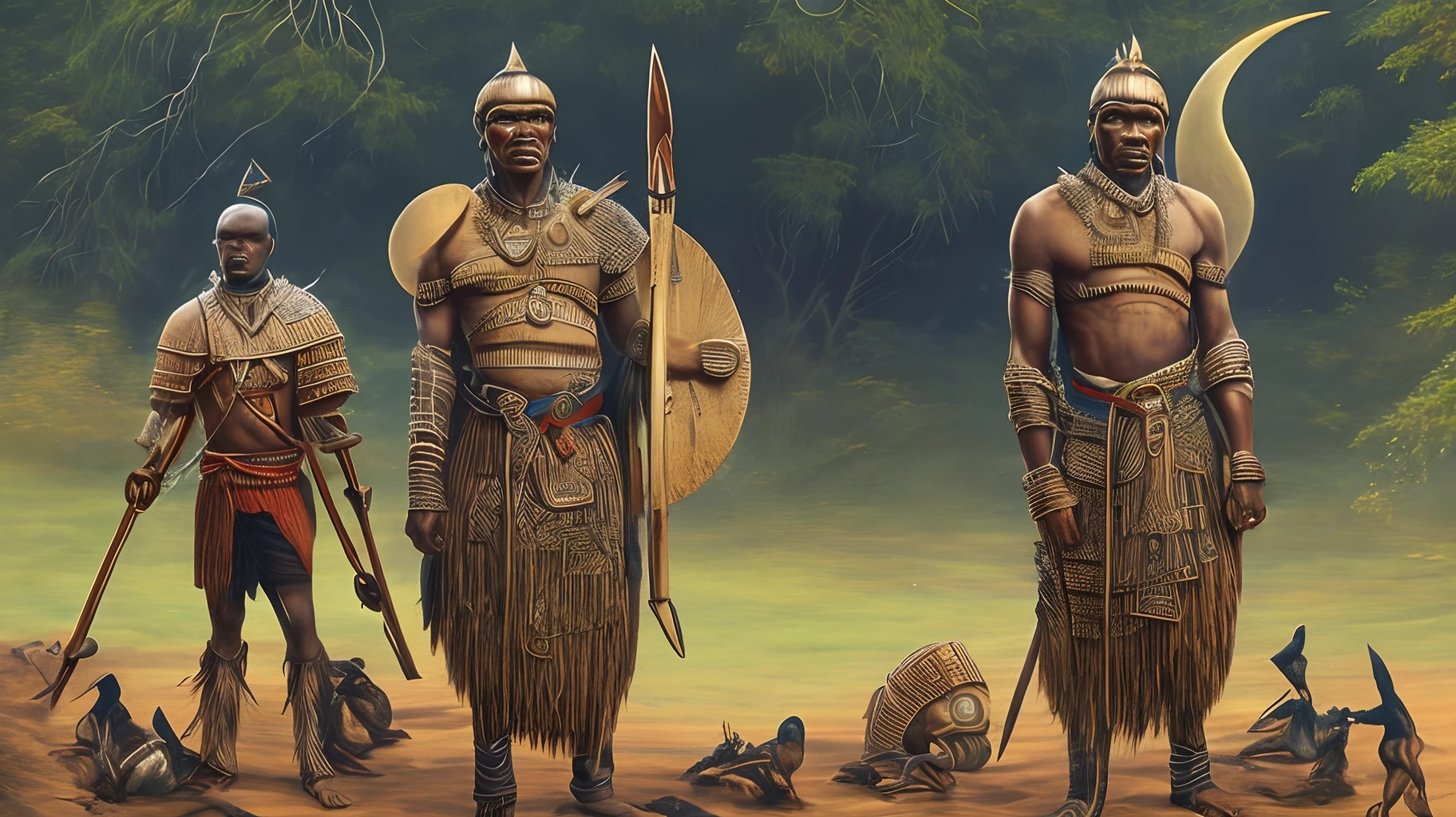 Iconic image of Shaka the zulu holding his spear and isihlangu shield, moon at his back