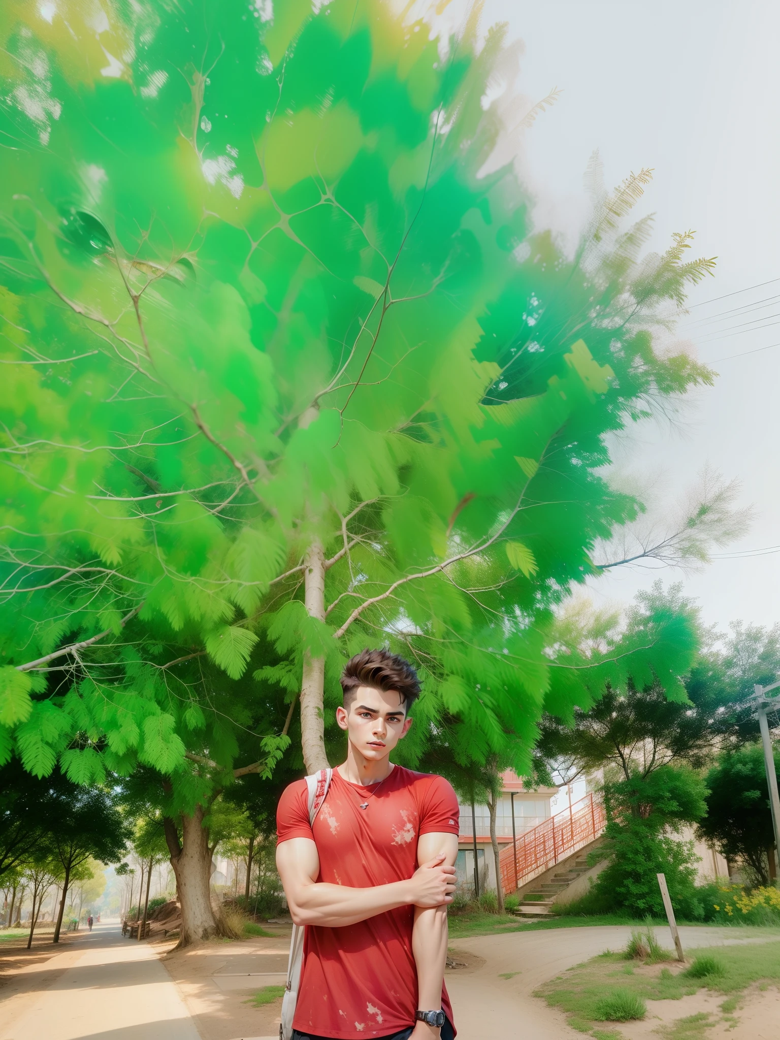Boy with red shirt futuristic background realistic face 8k hd quality with detail