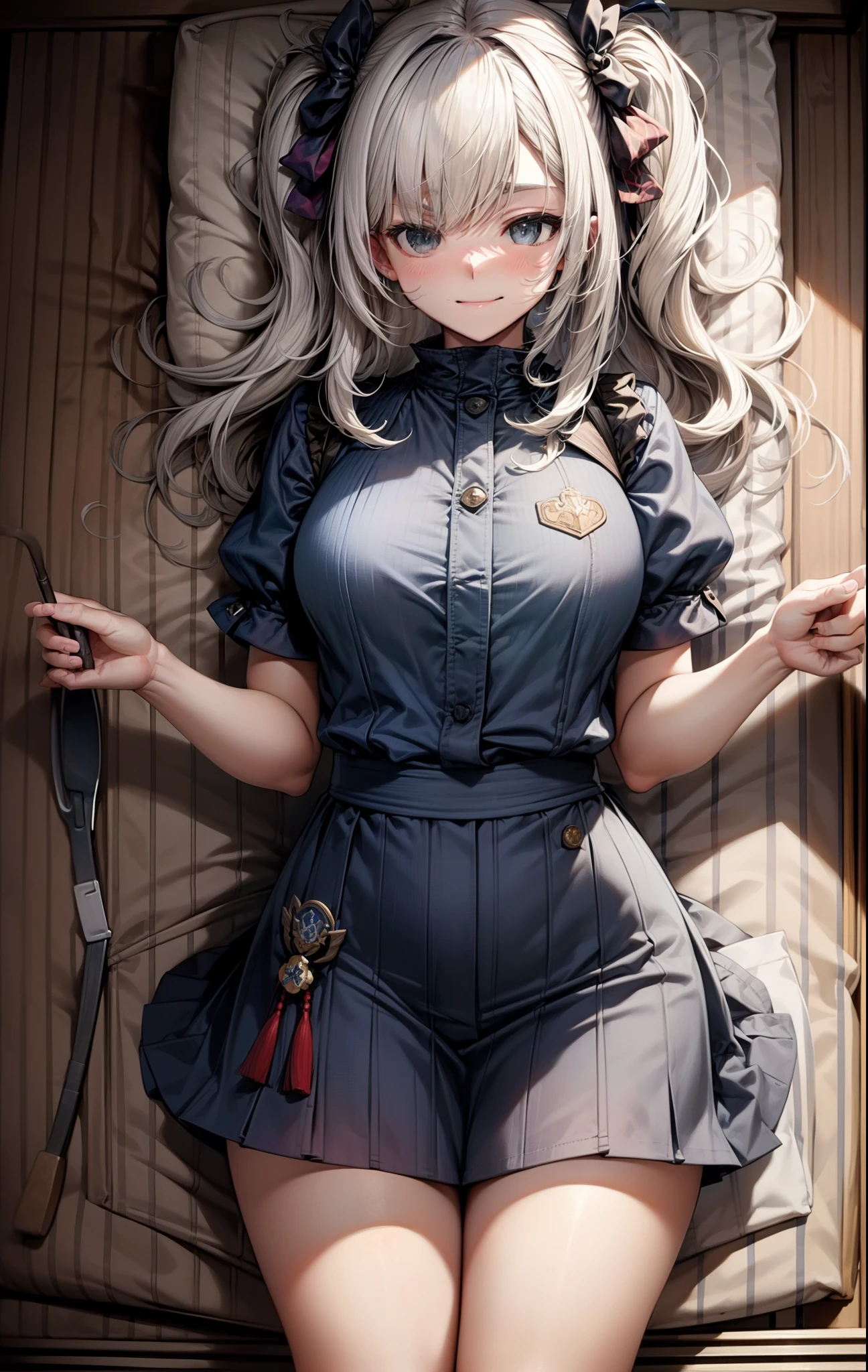 (masutepiece, Best Quality:1.2), Cowboy Shot, Solo, 1girl in, Kaho Hyuga, Smile, Looking at Viewer, holding tray, Twin-tailed, head scarf, woman samurai, frilld, Blue shirt, Waist apron, Puffy Short Sleeves, Blue skirt, thighs thighs thighs thighs, White glow, 1girl, sex, on bed, pov, , missionGrab, missionary, masterpiece, best quality,missiongrab,doggygrab,kawashiro nitori