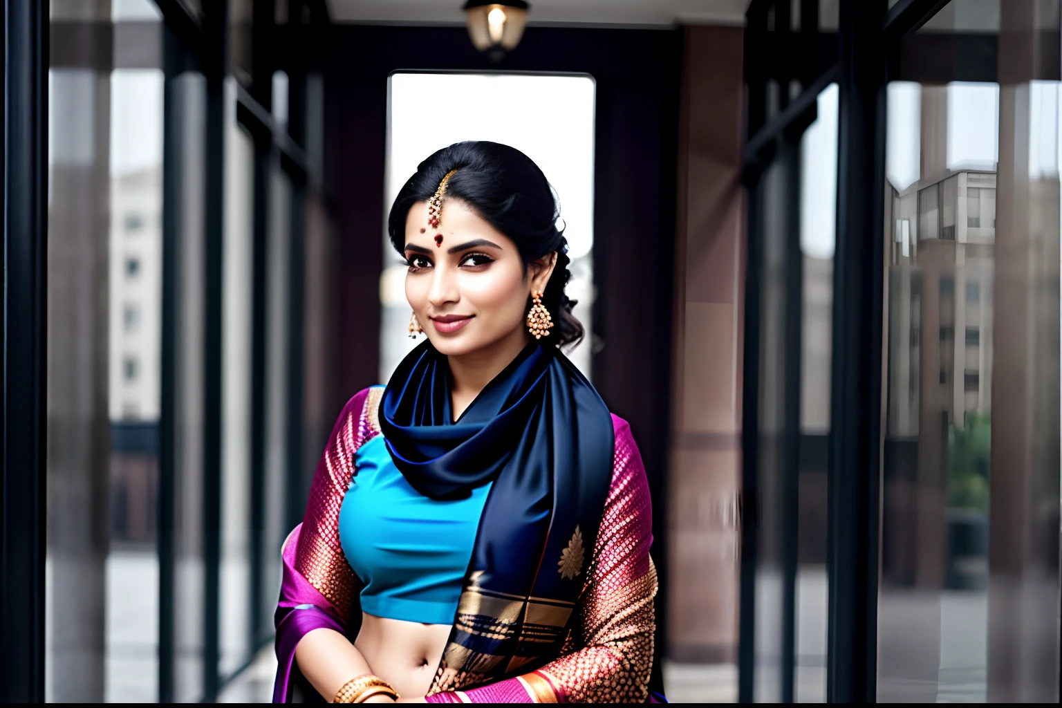 portrait of beautiful women :1.2 , saree , trousers, scarf , confidence , medium breast,