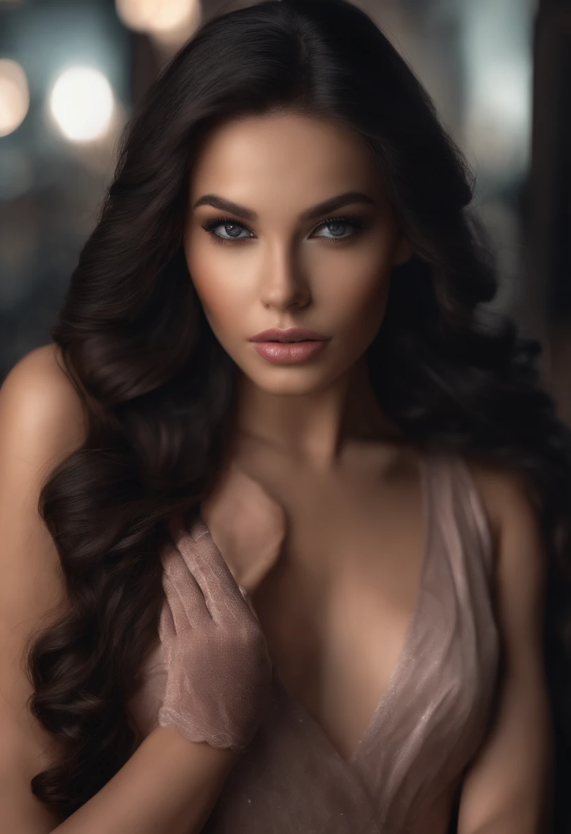 photorealistic, lip gloss, realistic, best quality, ultra high resolution, depth, pastel color, natural shading, focus on the face, just the face, looking at the viewer, long hair, black hair, brown and well-detailed eyes, black dress, gloves, anatomically correct
