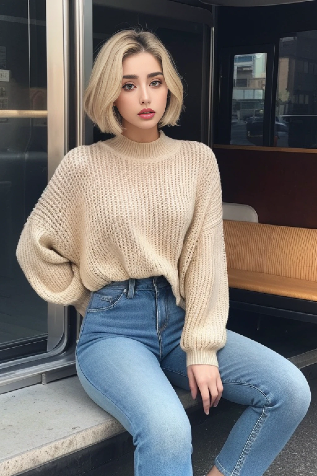 ((Realistic lighting, Best quality, 8K, Masterpiece: 1.3)), Clear focus: 1.2, 2girl, Perfect Figure: 1.4, Slim Abs: 1.1, ((short blonde bob hair)), (high-waisted jeans, a comfy oversized sweater: 1.4), Super fine face, Fine eyes, Double eyelids, woman is posing while sitting in a bus stop in a street, inspired by Gina Pellón, instagram, tachisme, violet myers, lorena avarez, olivia culpo, alanis guillen, looks like laura barriales, sophie mudd, tanned ameera al taweel, beautiful iranian woman, full body portrait