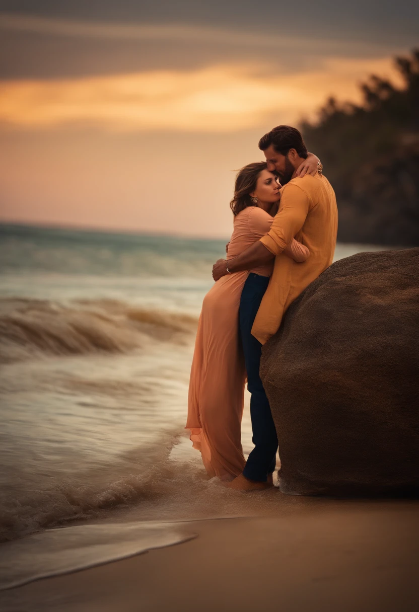 man and woman hugging passionately in a beach