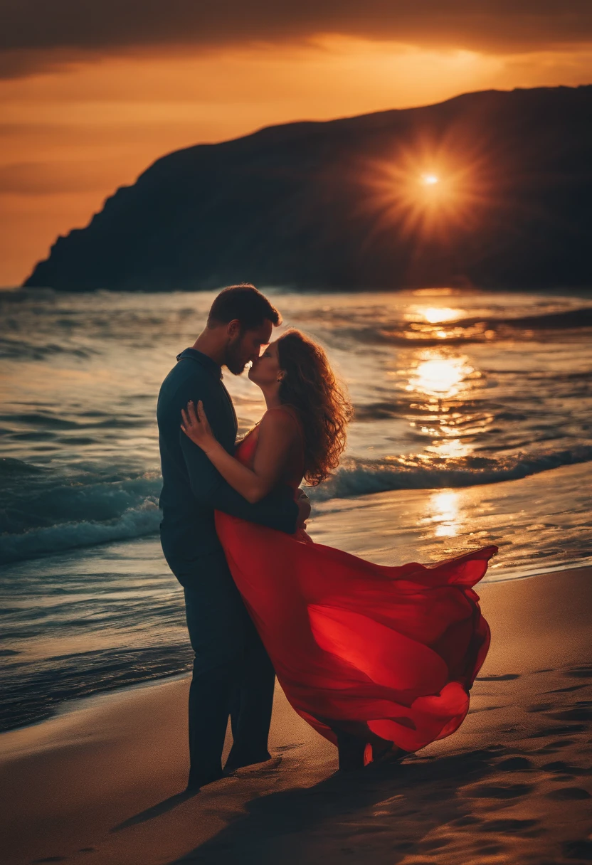 man and woman hugging passionately in a beach