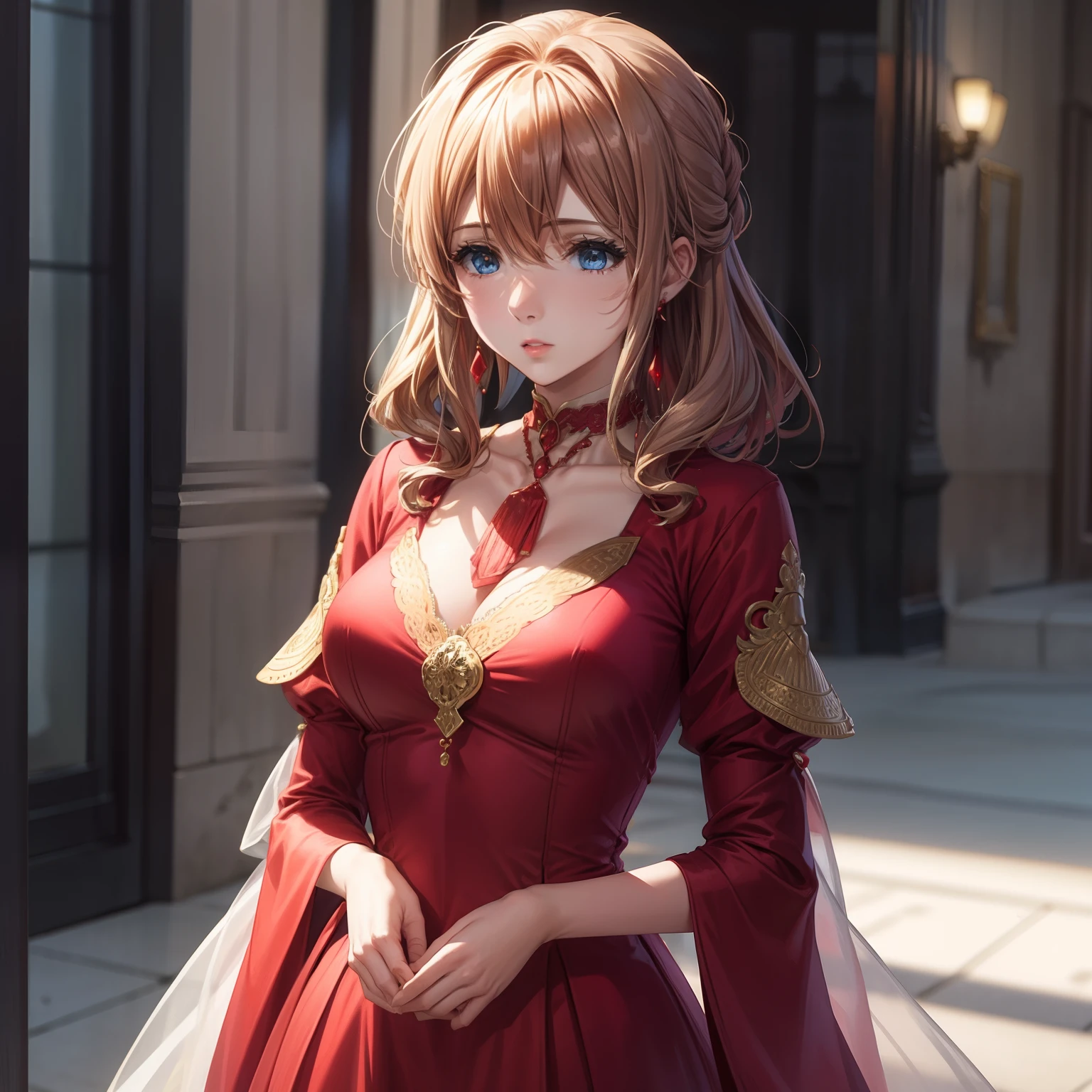 Upper body,solo woman,stand alone,long red dress covering the chest and neck,(Neck Decorations)Earrings