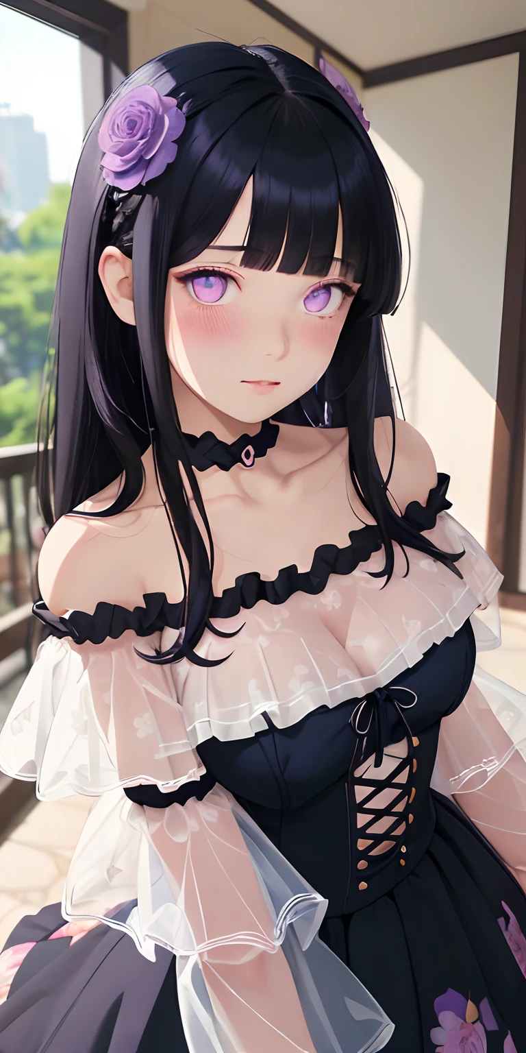 (best quality, masterpiece), 1girl, intricate details, off shoulder, skirt, choker, frills, see-through, looking at viewer, blush, upper body, blurry background, floral print, contrapposto, long dark blue hair, Blunt Bangs, purple eyes