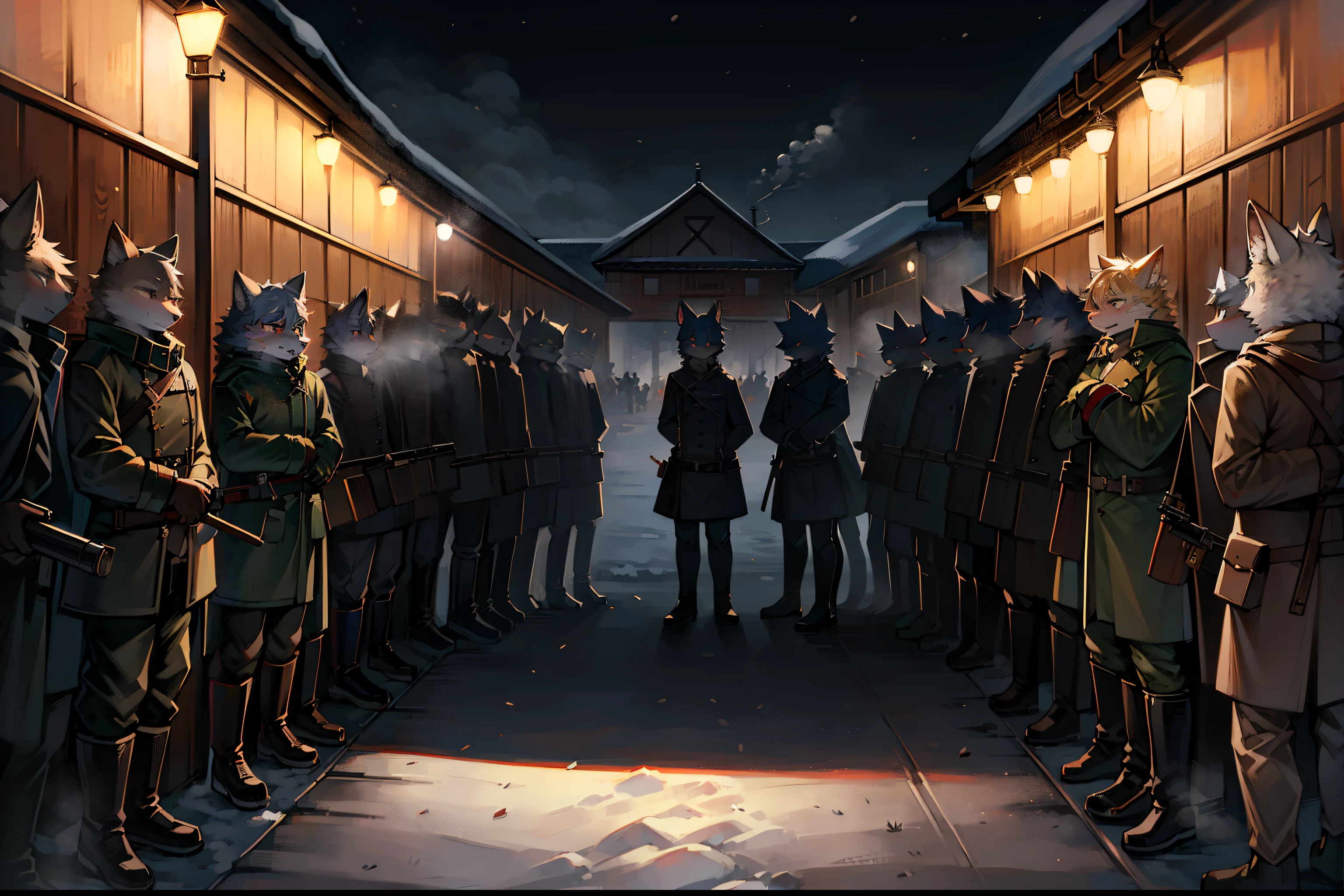 several kemono style cats, wear military uniform with an overcoat, are in line shooting with muskets that make a lot of smoke, shoot from the corner of the image to the other side, possible to see their shots, in the snow, during the day, military training, shooting muskets , 4k, masterpiece, wide composition