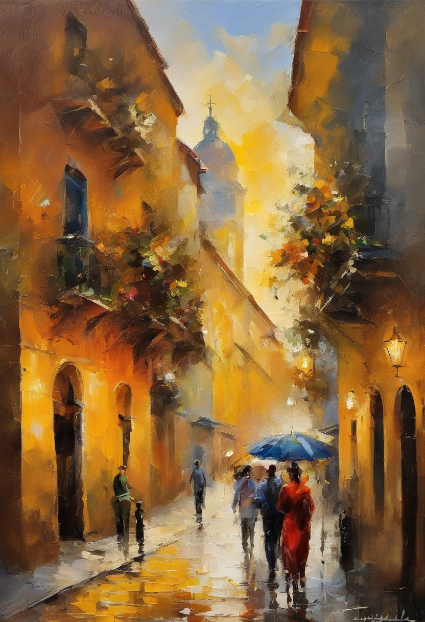 masterpiece、top-quality、sunset、stroll。pup、exquisite and detailed drawings, yellow tram in Lisbon city, sunny, rich, classy, opulent, Lisbon street, with light glowing、Happiness、Fresh evening sunset、stroll、landscape size