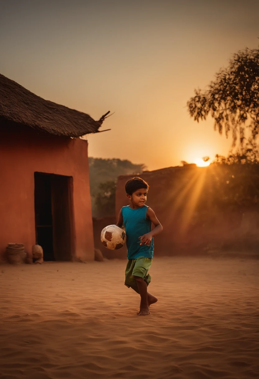 A wide image of a 5 year old boy playing with a football alone in front of an ancient Indian house, evening, sunset