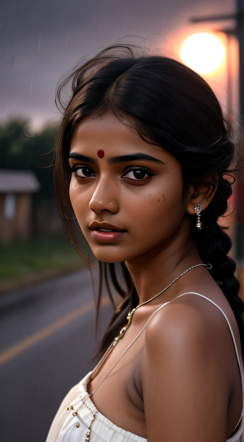 young Indian girl, dark complection, 18-year-old, ugly slum background, ,village backgound , moon light, night time realistic skin , ultra hd photo, girl is sad and looking up raining, rain falling on her face , sad cinimaticc pose , full body picture,pose flawless complexion, top-notch 3D rendering, hyper-realistic, shot on Indian road. photorealistic digital art trending on Artstation 8k HD high definition detailed realistic, detailed, skin texture, hyper detailed, realistic skin high resolution, detailed, raw photo, 400 camera f1.6 lens rich colors hyper realistic lifelike texture