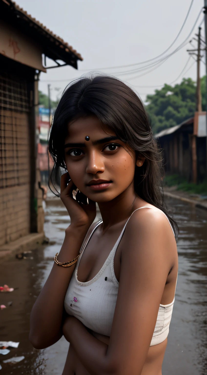 young Indian girl, dark complection, 18-year-old, ugly slum background, ,village backgound , moon light, night time realistic skin , ultra hd photo, girl is sad and looking up raining, rain falling on her face , sad cinimaticc pose , full body picture,pose flawless complexion, top-notch 3D rendering, hyper-realistic, shot on Indian road. photorealistic digital art trending on Artstation 8k HD high definition detailed realistic, detailed, skin texture, hyper detailed, realistic skin high resolution, detailed, raw photo, 400 camera f1.6 lens rich colors hyper realistic lifelike texture