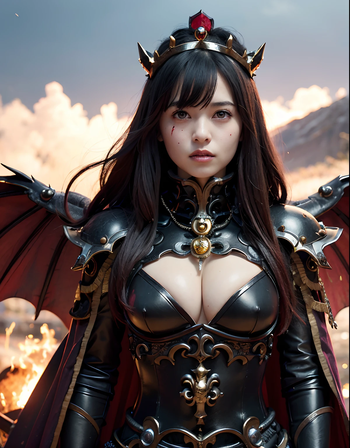 (World of Darkness),(Bleeding from the head), Professional , masterpiece、top-quality、photos realistic , depth of fields (Gemstone Black Metal Body:1.4),(Matte Black、Toostock、(cleavage of the breast)、((Random Hairstyles 1.6),Dark Fantasy,)explosions、intense fighting、Blood on the face,Blood Rain,Blood fog(blood splattere:1.2),Dragon Gold Weapon,Mystical expression、Particles of light、Fight dragons、(Toostock),Gorgeous Silver Weapons ,(( Dragon's dense and gorgeous sword)) ,,Detail and gorgeous crown、((Red hair))、(Castle background)、、((Gangle's forest background))、Beautiful Caucasian beauty、1a person、dynamic ungle,(((Detailed and ornate Black Devil Crown)))、Smaller head、A smile、Castle background、Thin and beautiful female hands、cleavage of the breast、Soldier in iron armor on background、Mystical expression、Light Effects、intense fighting、Wind-effect、magic circles、With the legendary magic wand、(demonic wings)、