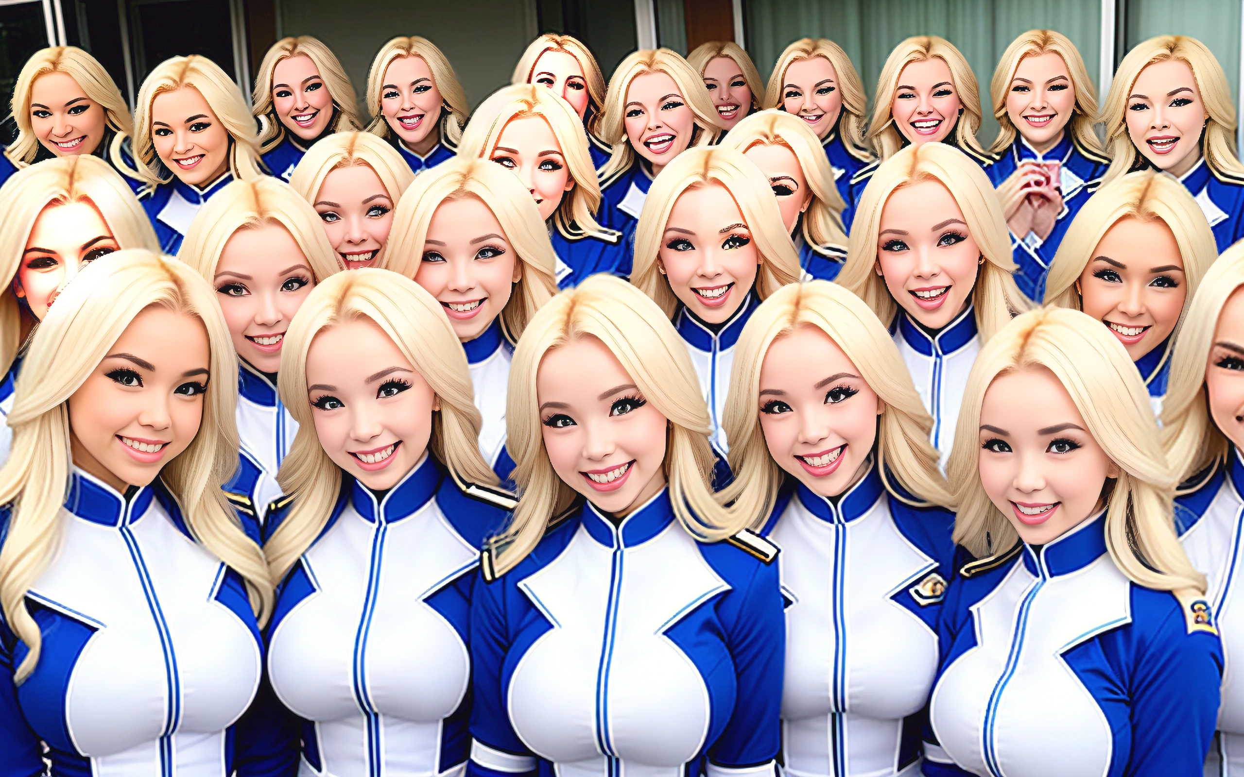 a close-up of a gathering of smiling busty Jessica Weaver clones with Dove Cameron's eyes wearing identical uniforms