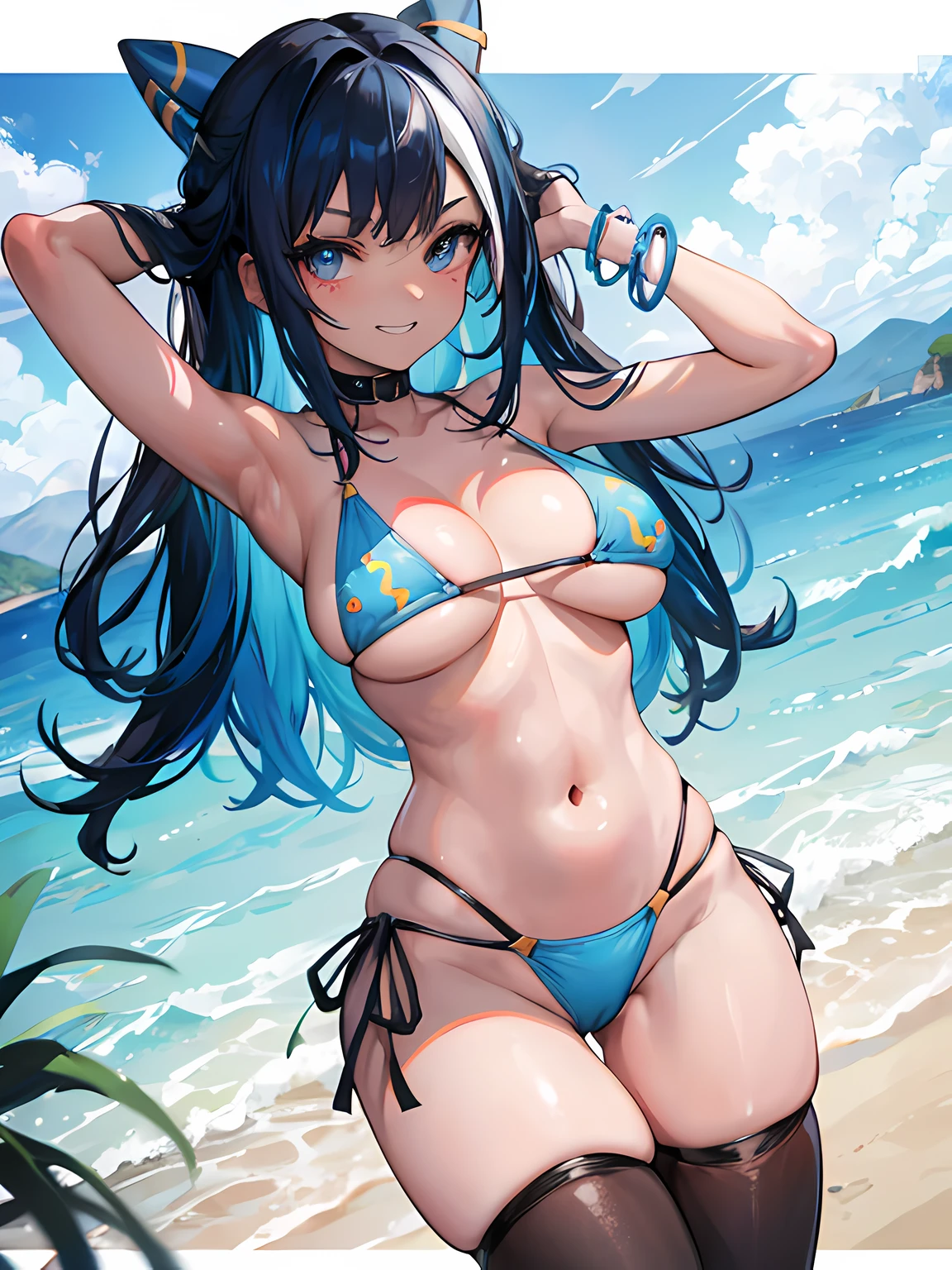 nessa (pokemon), 1girl, arms behind back, bare shoulders, bikini, black hair, mikro bikini, breasts, dark-skinned female, dark skin, grin, large breasts, long hair, multicolored hair, blue eyes, blue eyeshadow, blue hair, eyeshadow, two-tone hair, navel, side-tie bikini bottom, skindentation, sky, smile, solo, strap gap, streaked hair, string bikini, swimsuit, thick thighs, thighhighs, thighs, underboob, cowboy shot, high res, ultrasharp, 8K, masterpiece, looking at viewer