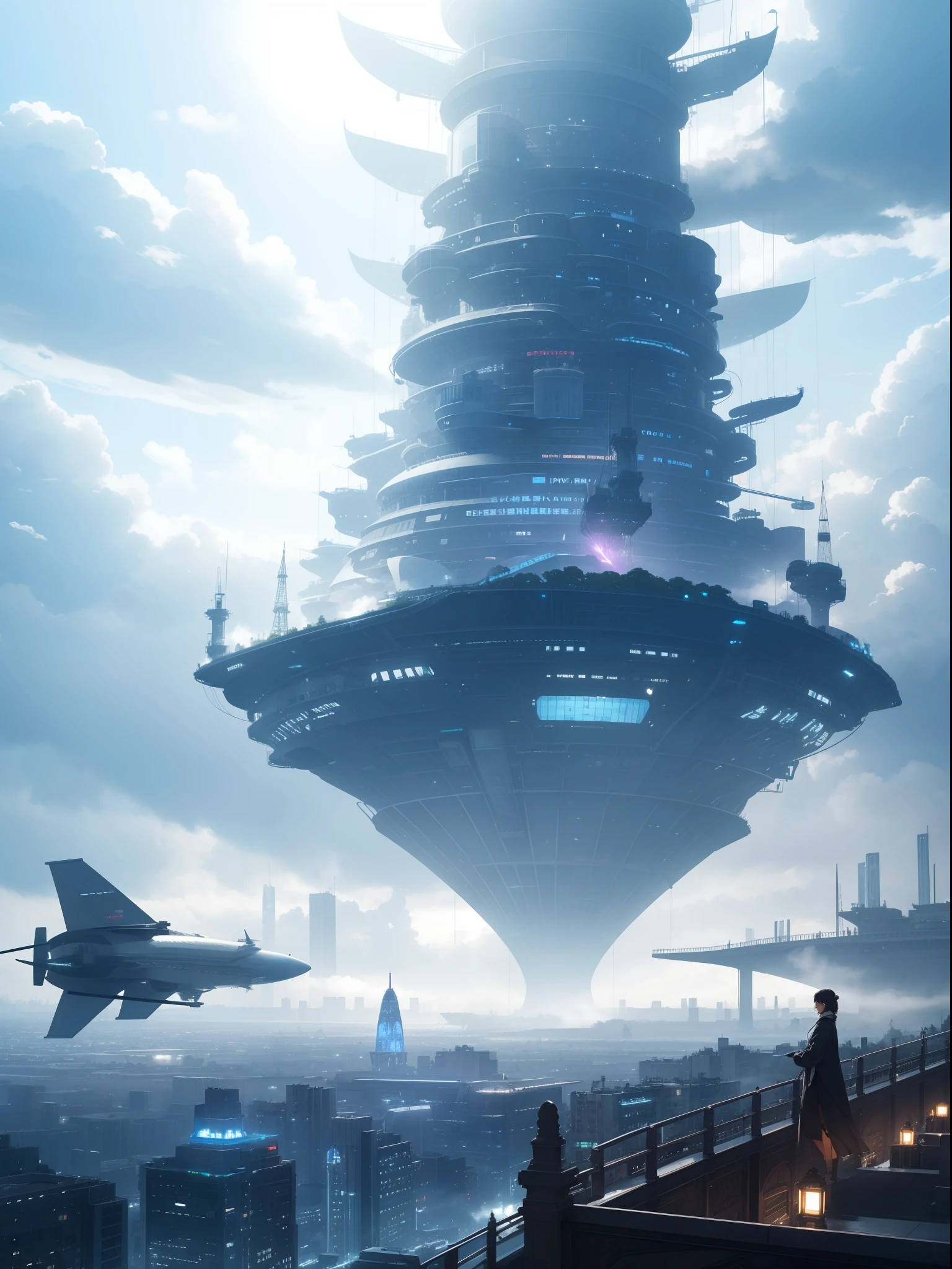 City of the Future、A very big airship of the future、Beautiful fog、cloudiness、trees、dark ilumination、Best Quality,masutepiece,