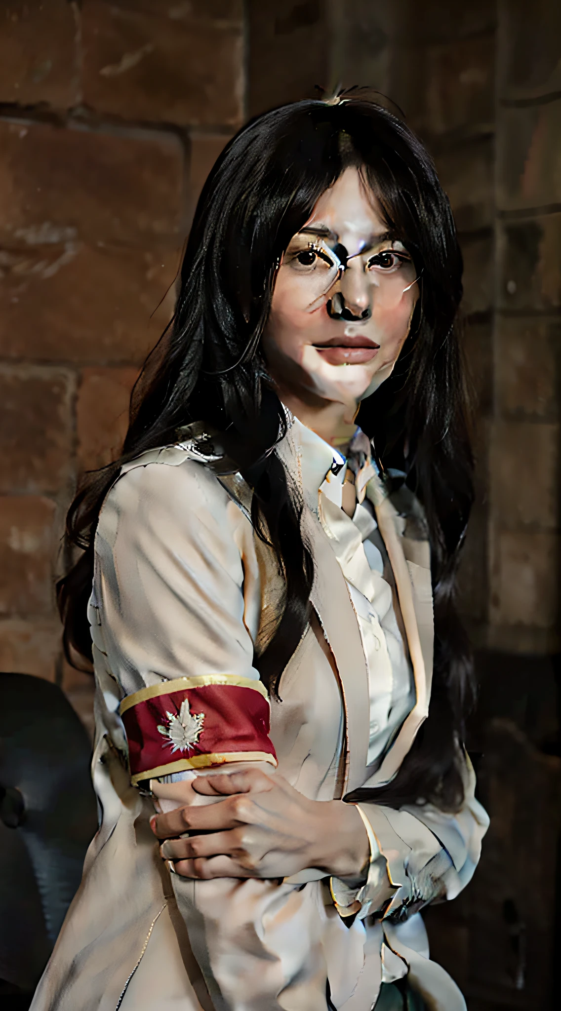 Pieck from the anime Attack on Titan, long hair, black hair, ponytail, wearing glasses, beautiful woman, beautiful, perfect body, perfect breasts, white shirt, brown jacket, cream pants, looking at the audience, small smile, realism, masterpiece, textured leather, super detailed, high detail, high quality, best quality, 1080p, 16k