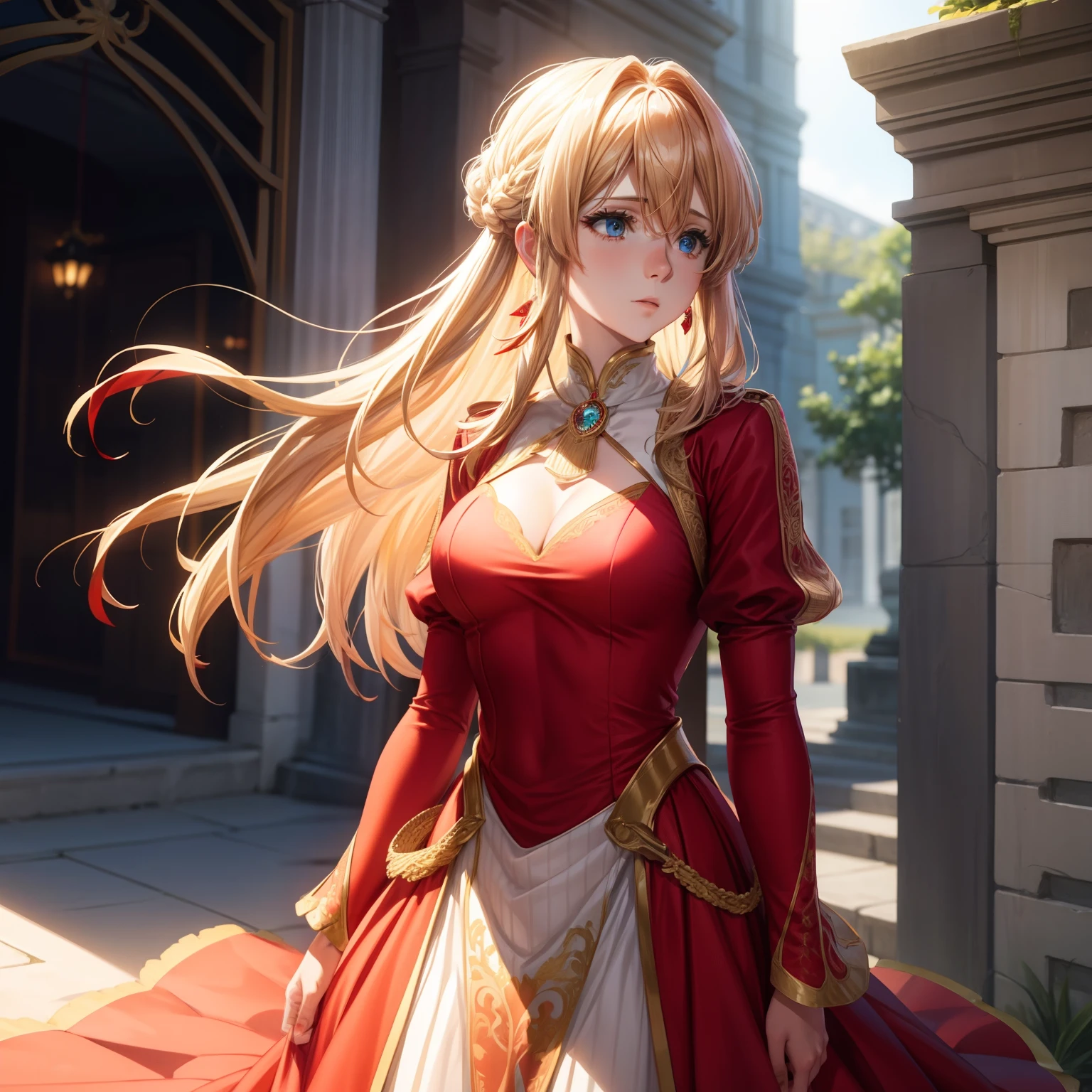 Upper Body, Focus Watching, Solo Woman, Standing Alone, Long Red Dress Covering Chest and Neck,(Neck Decorations)Earrings, shiny blonde hair