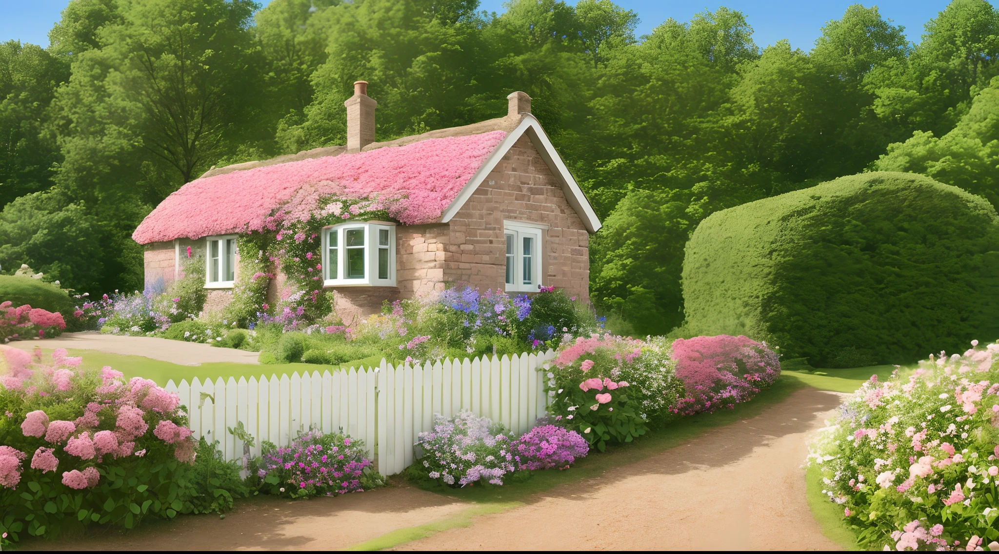 (((high quality))), detailed cottage, extremely detailed cliff under small apple tree, high resolution, absurd, high saturation, clear, rational construction, contry style, brick wall, building bush, door, fence, field, flower, flower_field, garden, path, pink flower, grass, nature, house, no_humans, plant, potted plant