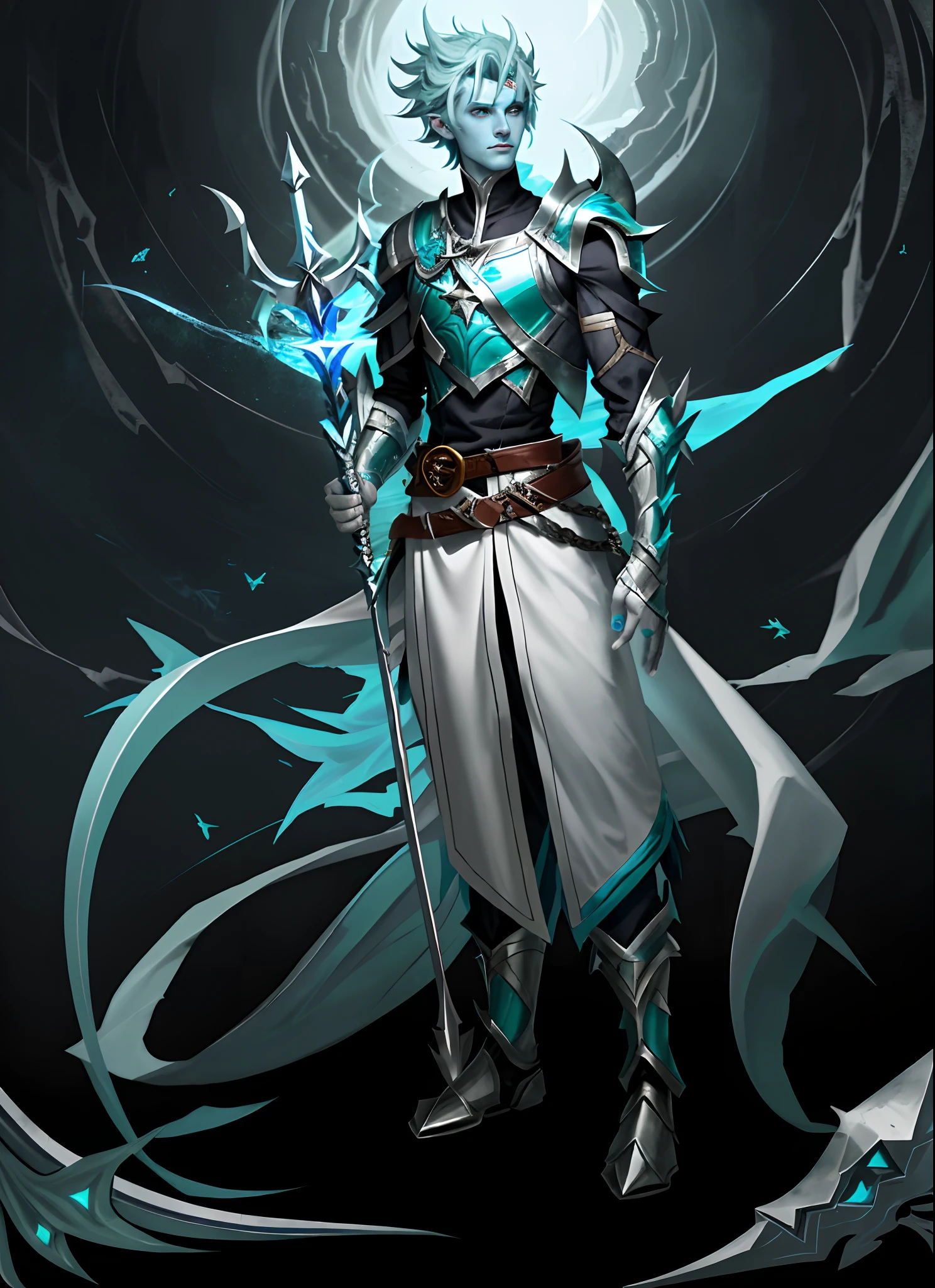 here is a male blue skinned character with a trident and armor, short dark green hair, light blue iris almost white, black sclera, silver earrings in ears, webbed hands and feet, dorsal fin on calves and forearms, complex fantasy character, d & d style full body portrait, wearing long white clothes, wearing red scarf like a belt, shark human hybrid, blue skin, green hair, full body dnd character portrait, shield on his back, silver medaillon on neck, full body concept, full body character concept, jrpg character, new costume concept design, full portrait of elementalist, full body with costume, rpg portrait full body, fantasy d&d character