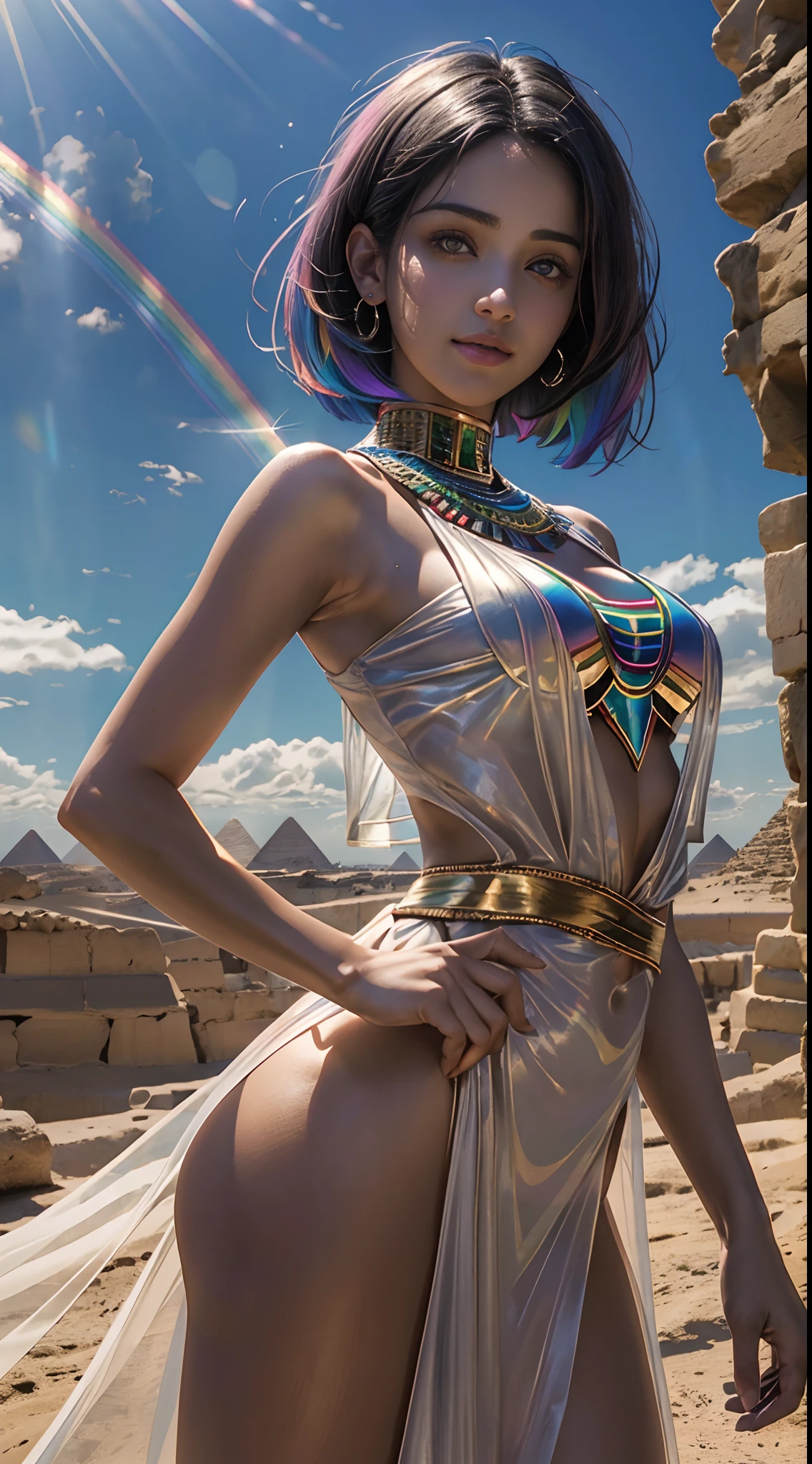 ((1 Egyptian girl short hair rainbow colored)), (nsfw: 1.2), aberto,,ombros expostos,Sharp exposed breasts, roupas abertas, roupas seguradas, rasgadas, ponta do peito exposta, (papel de parede CG Unity 8k muito detalhado), (obra-prima), (melhor qualidade), (super detalhado), (best illustration), (melhor sombra), (realista), (PureErosFace_V1:0.5), lens flare, (profundidade de campo), (natural  lightting), ultra-highresolution, (detalhe dos olhos), sorriso encantador, (morena) , ((vestido de noite transparente))), (peito exposto),  18 anos,