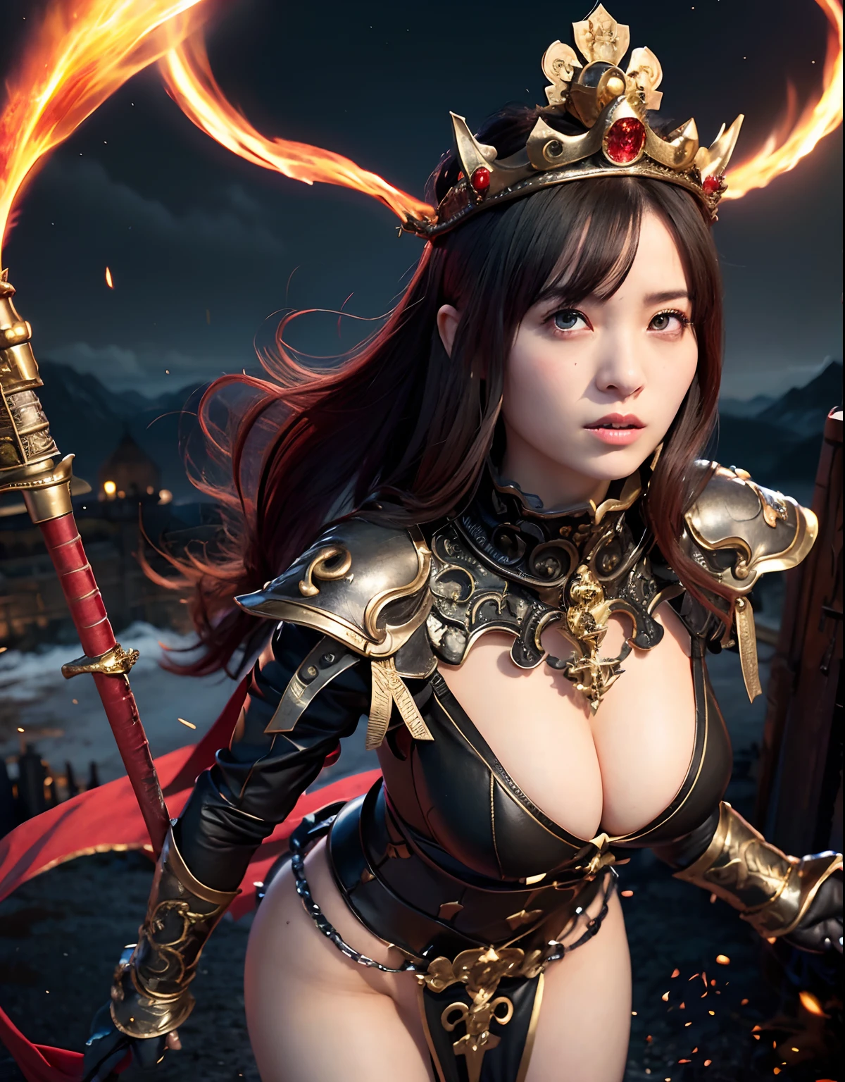 (World of Darkness),(Bleeding from the head), Professional , masterpiece、top-quality、photos realistic , depth of fields (Gemstone Black Metal Body:1.4),(Matte Black、Toostock、(cleavage of the breast)、((Random Hairstyles 1.6),Dark Fantasy,)explosions、intense fighting、Blood on the face,Blood Rain,Blood fog(blood splattere:1.2),Dragon Gold Weapon,Mystical expression、Particles of light、Fight dragons、(Toostock),Gorgeous Silver Weapons ,(( Dragon's dense and gorgeous sword)) ,,Detail and gorgeous crown、((Red hair))、(Castle background)、、((Gangle's forest background))、Beautiful Caucasian beauty、1a person、dynamic ungle,(((Detailed and ornate Black Devil Crown)))、Smaller head、A smile、Castle background、Thin and beautiful female hands、cleavage of the breast、Soldier in iron armor on background、Mystical expression、Light Effects、intense fighting、Wind-effect、magic circles、With the legendary magic wand、(demonic wings)、